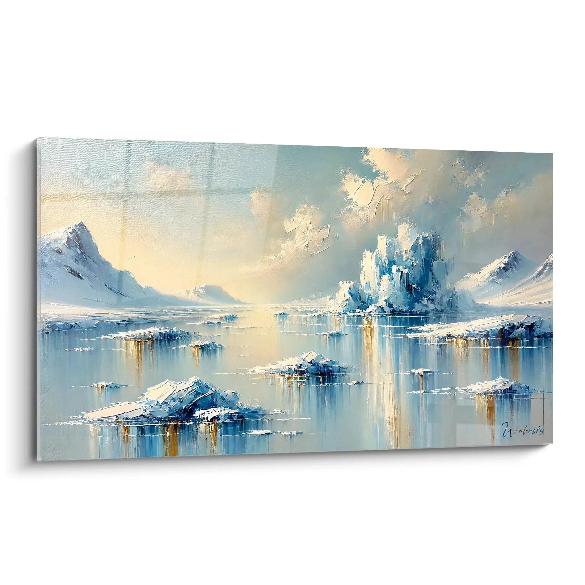 Wandbild arktische Eislandschaft mit Spiegelungen, Premium Leinwand in Blau-Weiß-Tönen für moderne Wanddekoration