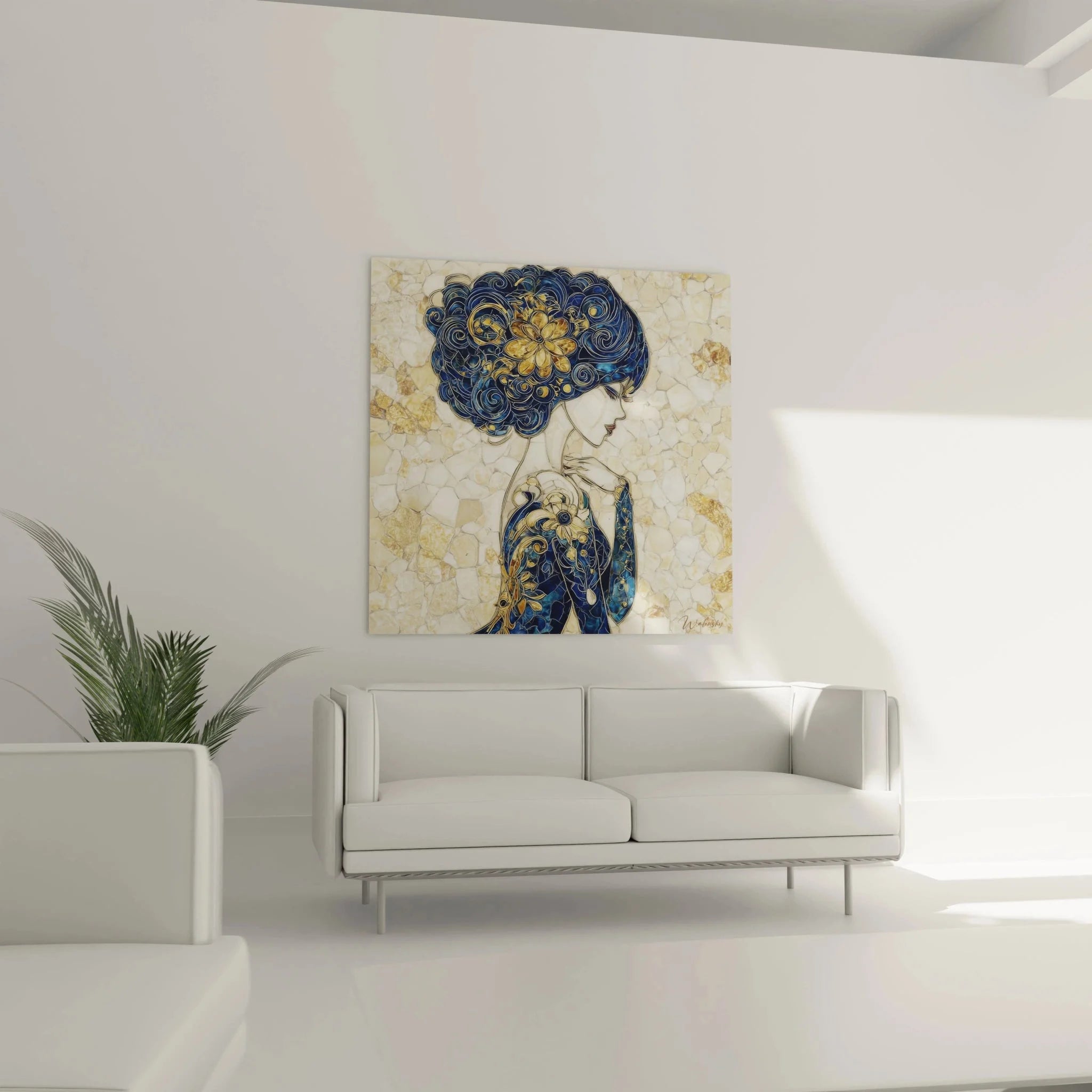 Detailansicht Wandbild Art Nouveau - ornamentale blaue Haare mit goldenen Blütenmotiven closeup