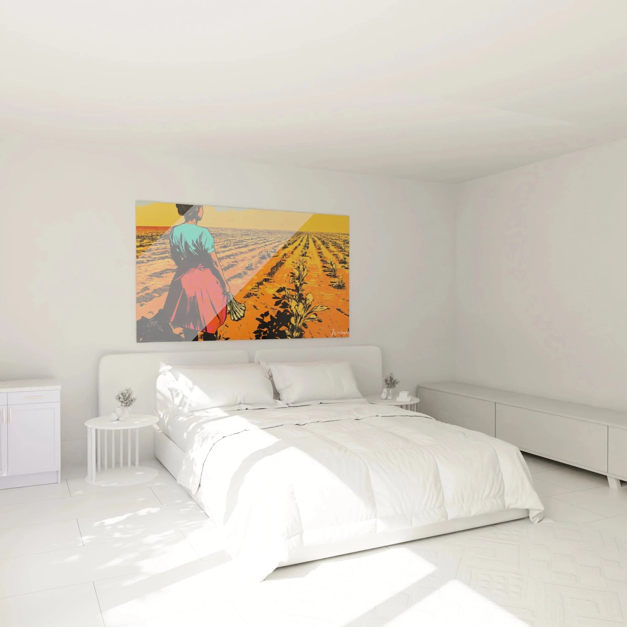 Wandbild Bäuerin Feld in Schlafzimmer Ambiente - Moderne Wanddekoration Landschaft