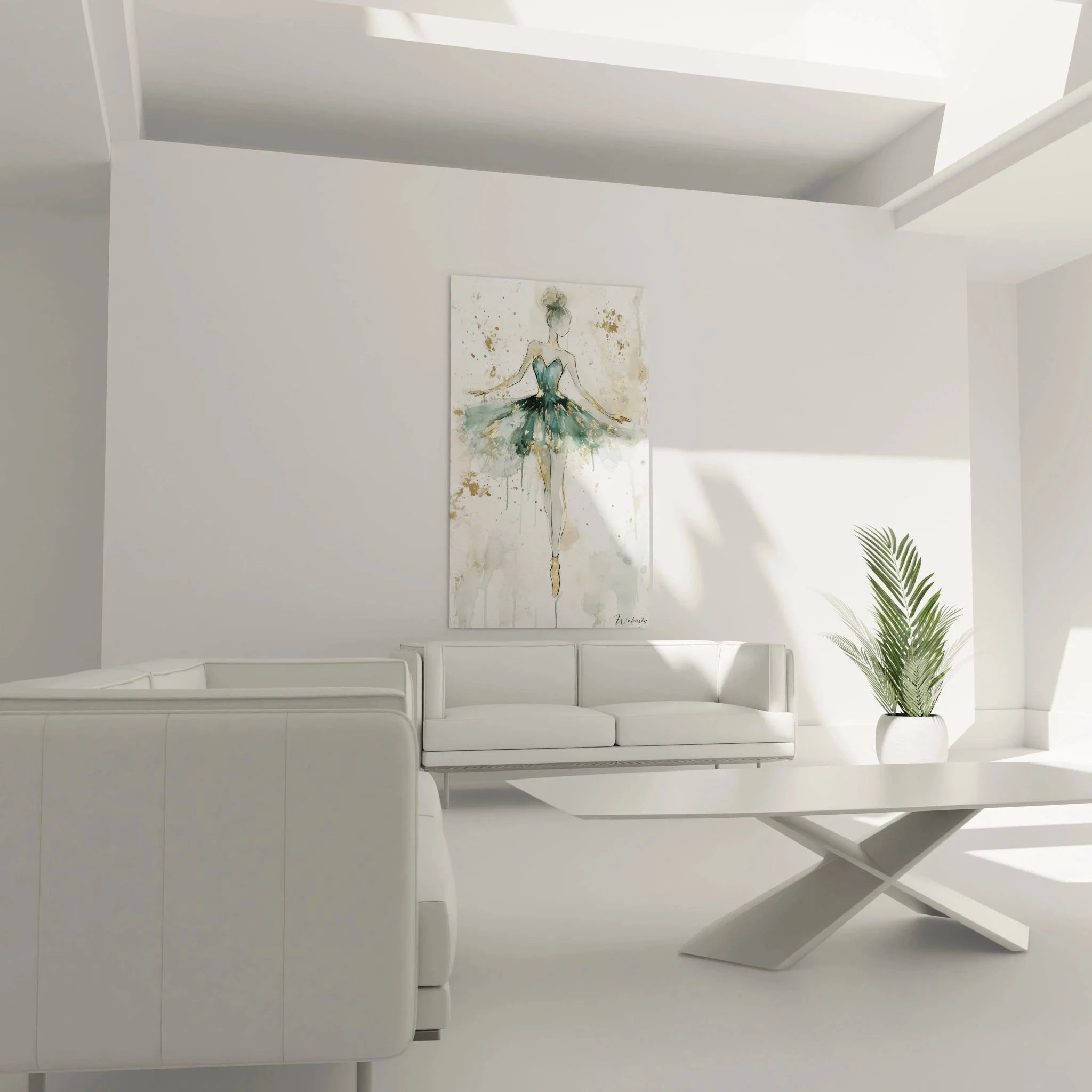 Detailansicht Wandbild abstrakte Ballerina, Aquarelleffekt mit türkisblauem Tutu und Golddetails