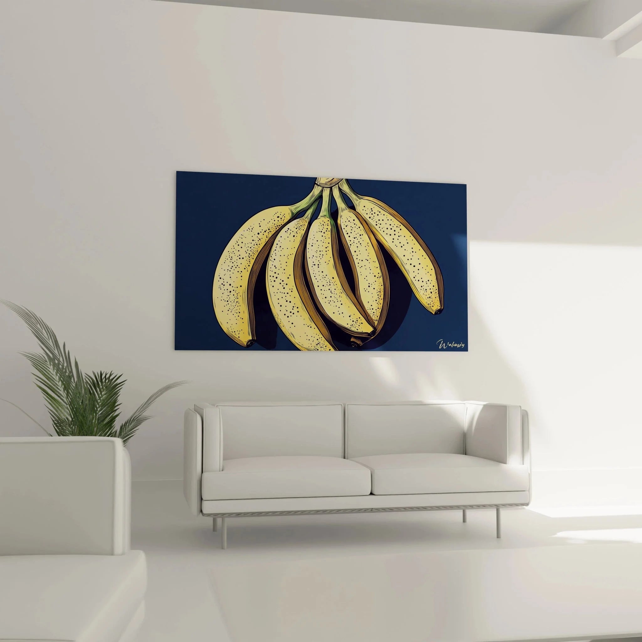 Detailaufnahme Wandbild Bananen Pop-Art gelbe Früchte schwarze Punkte Nahansicht
