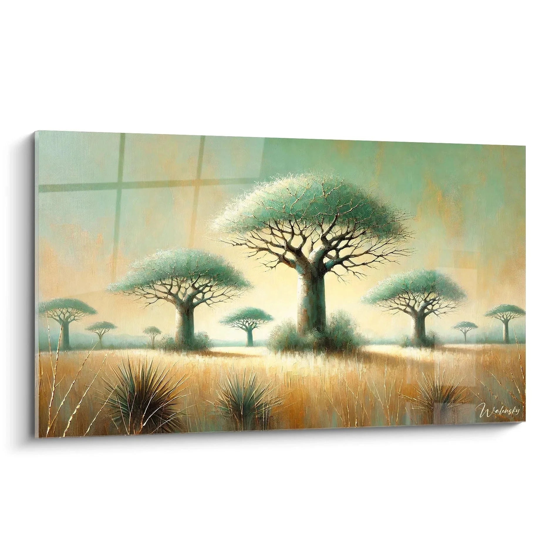 Wandbild Baobab Bäume afrikanische Savanne Sonnenuntergang goldenes Grasland Kunstdruck Afrika Landschaft Wanddeko