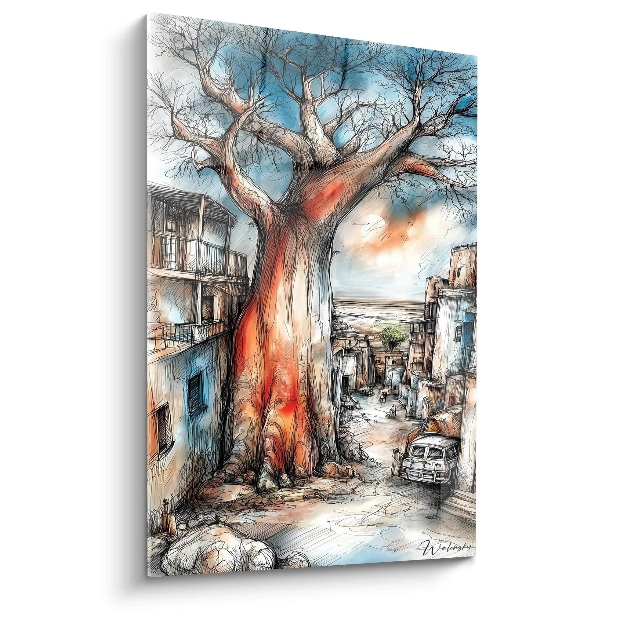 Wandbild Baobab Baum in afrikanischem Dorf mit traditionellen Lehmhäusern und authentischer Dorfszene