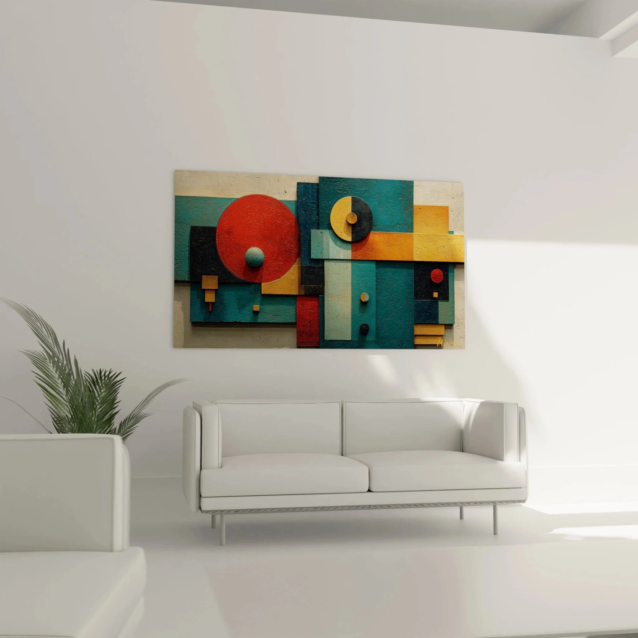 Detailansicht Wandbild Bauhaus Design zeigt präzise geometrische Formen und charakteristische Farbgebung