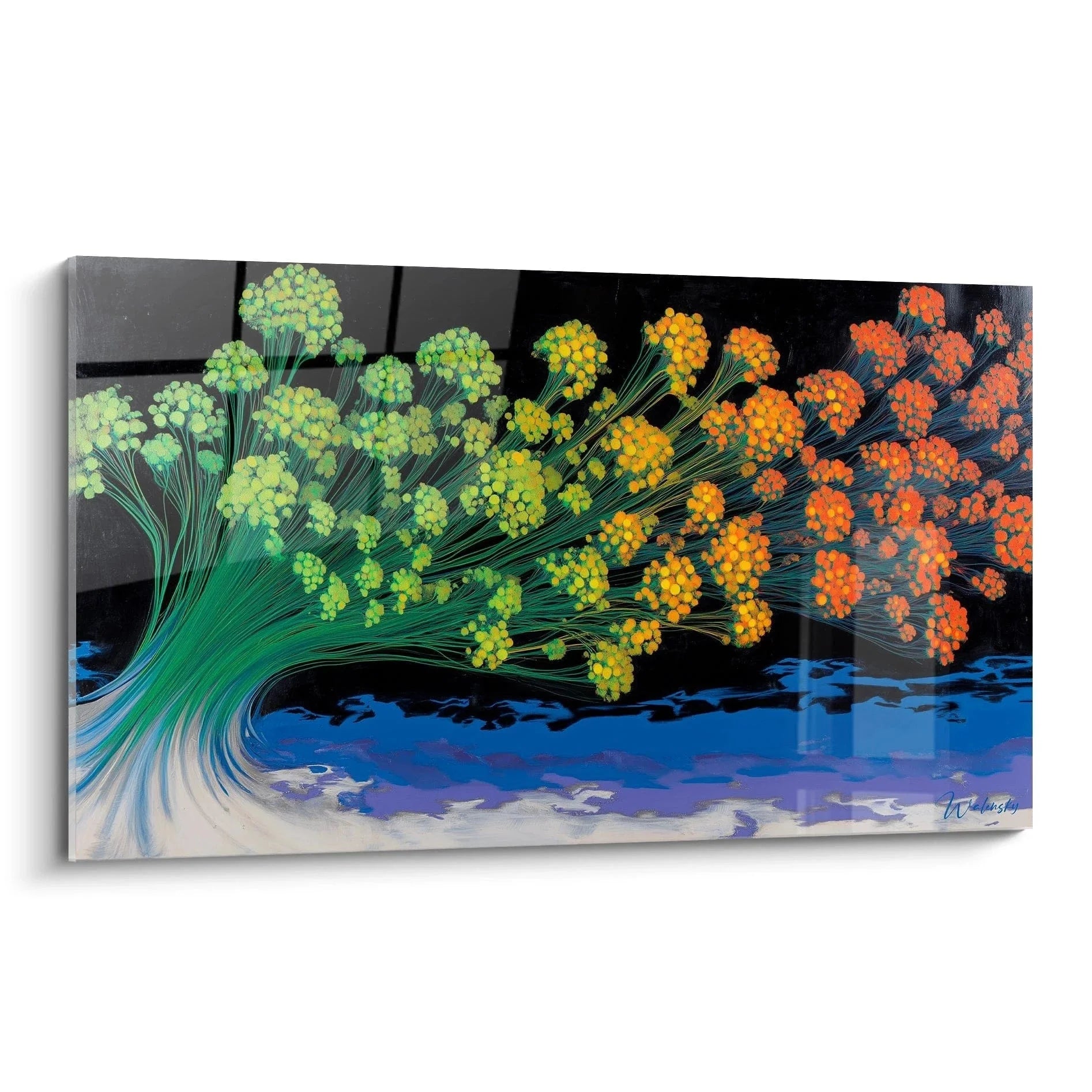 Wandbild Baum mit spektakulärem Farbverlauf von Grün zu Orange in Op Art Stil auf dunklem Hintergrund