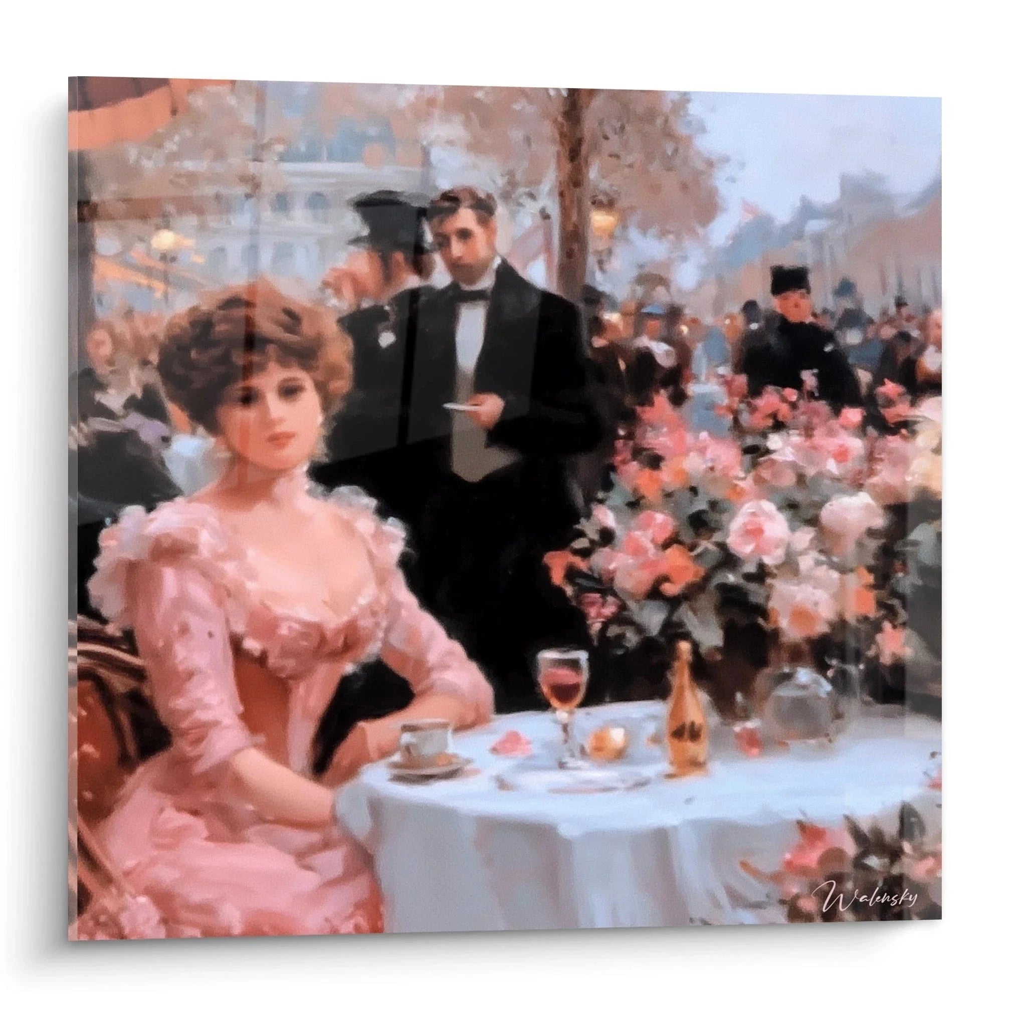 Wandbild Belle Époque Café Gesellschaft mit Dame in rosa Kleid und Gentleman Klassizismus Stil