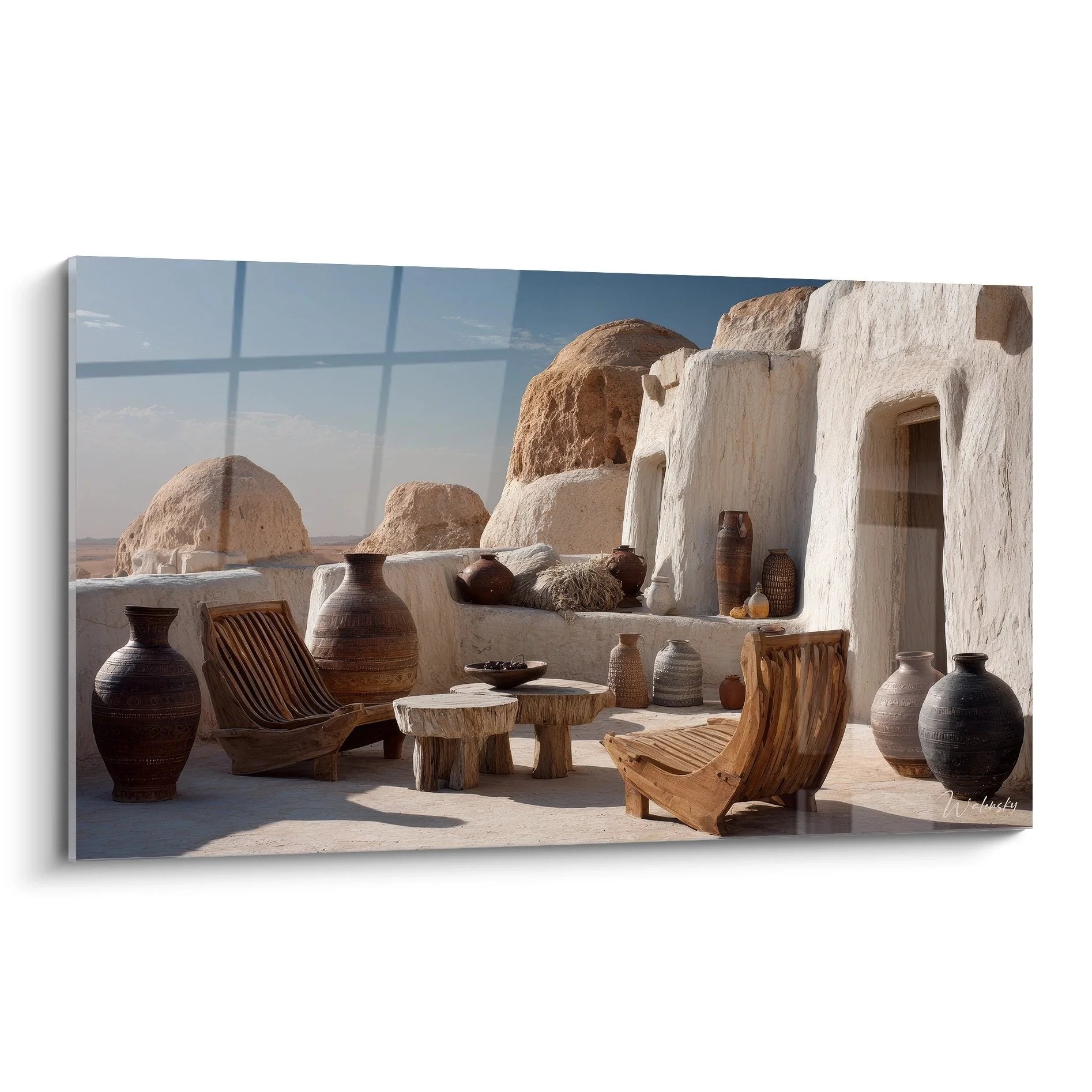 Wandbild Berber Architektur mit Lehmbauten und traditionellen Töpferwaren in warmen Erdtönen