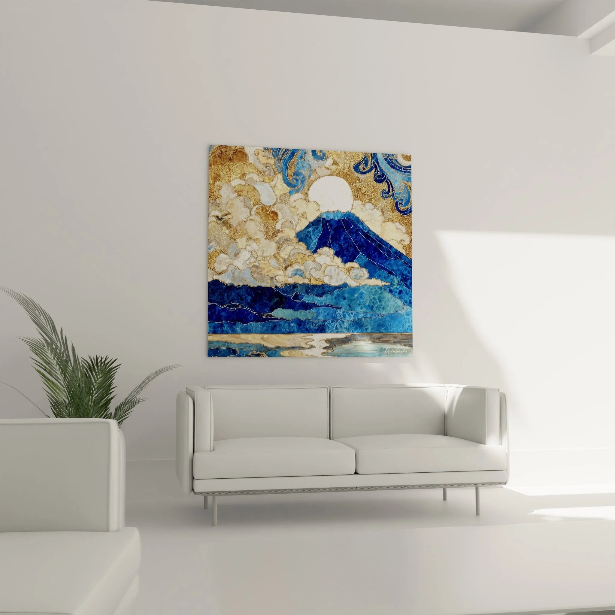 Detailaufnahme Wandbild Berg zeigt kunstvolle goldene Wolkenornamente und blaue Bergtextur