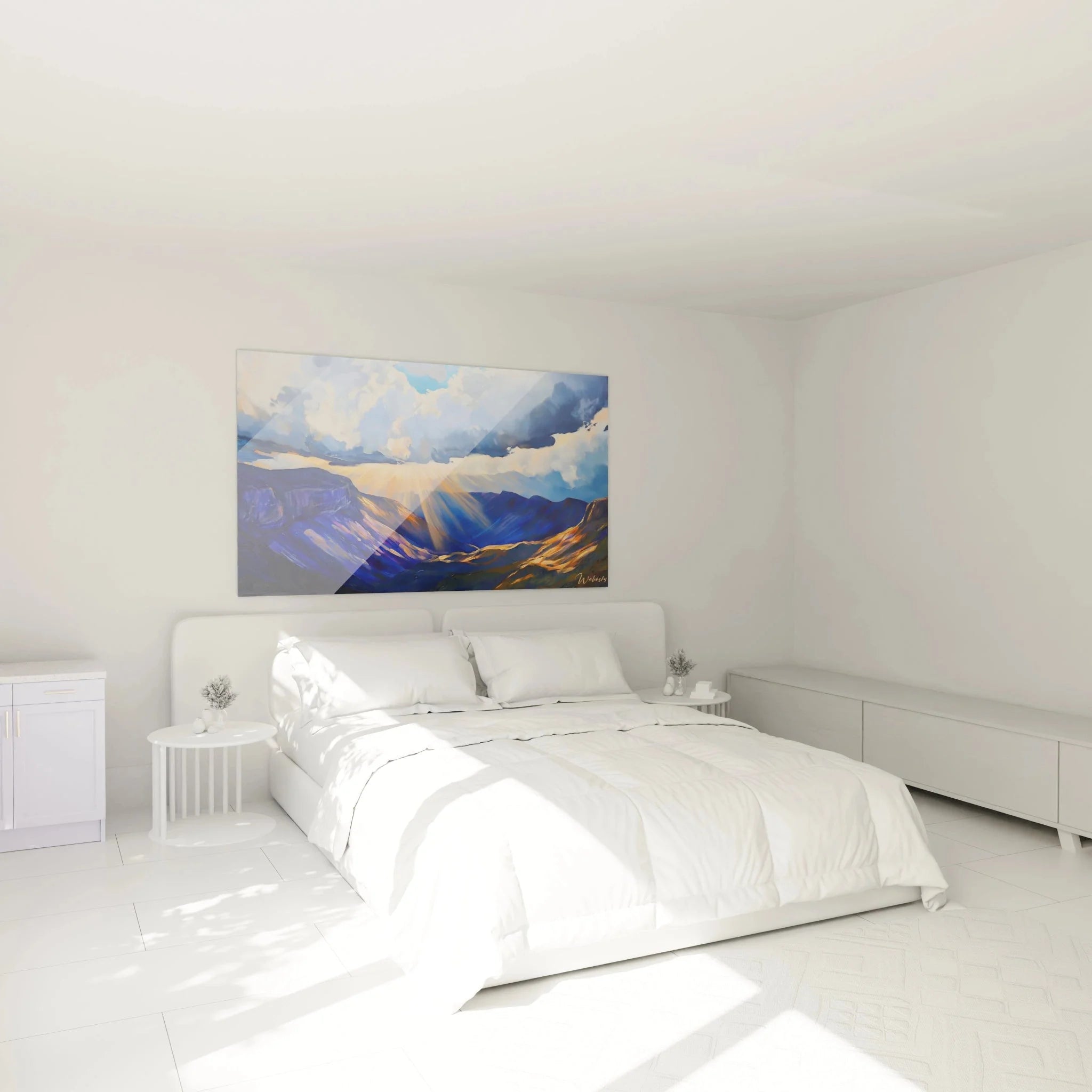Wandbild Berg im Schlafzimmer - Berglandschaft mit goldenem Licht als Wanddekoration