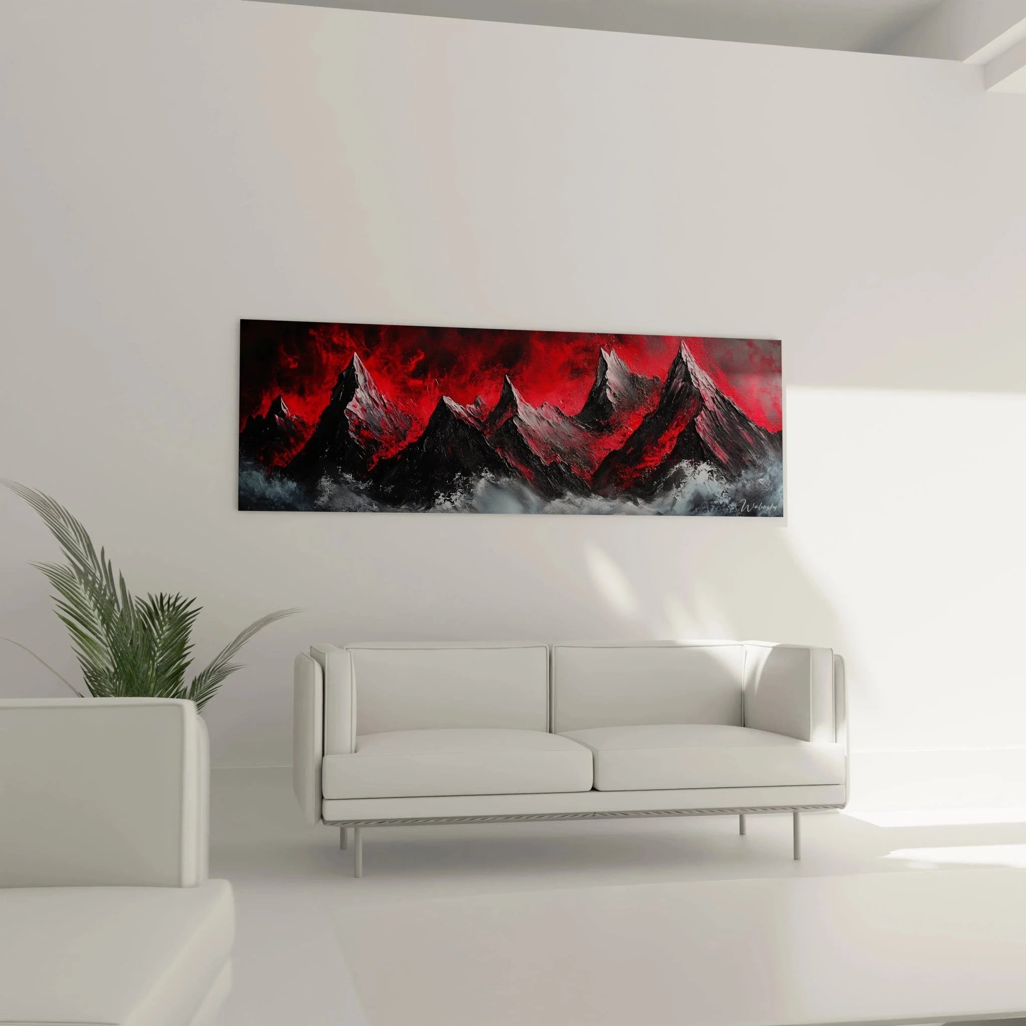 Detailansicht Wandbild Berge mit expressionistischen Pinselstrichen in Rot-Schwarz Malerei-Optik