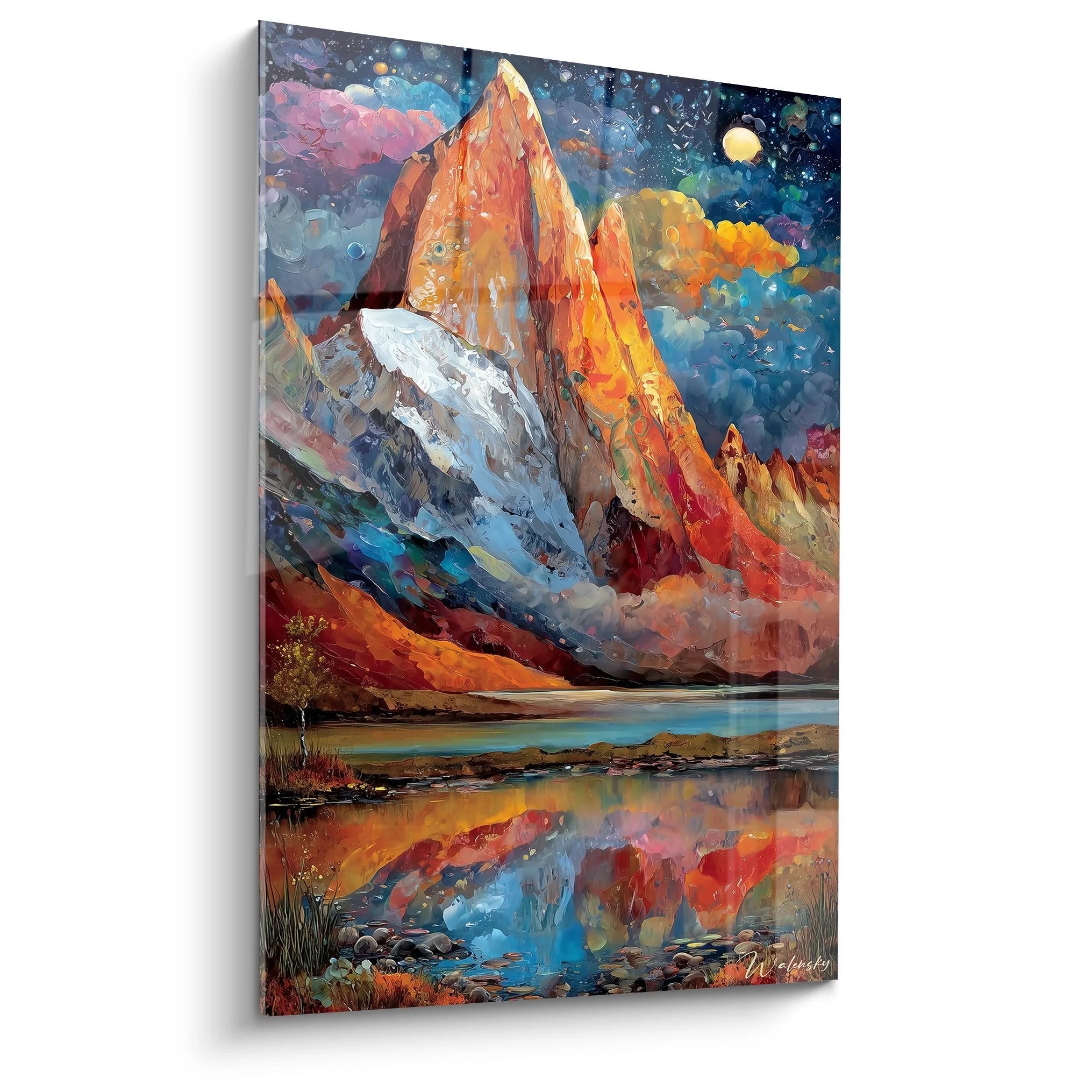 Wandbild Berggipfel kosmisch - XXL Berglandschaft Poster mit Sternenhimmel und Bergsee Spiegelung