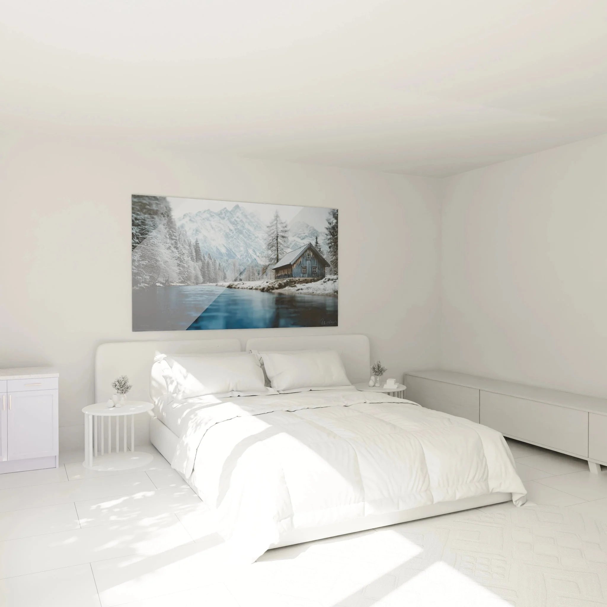 Wandbild Berghütte Winter als Schlafzimmer Dekoration mit alpiner Winterlandschaft