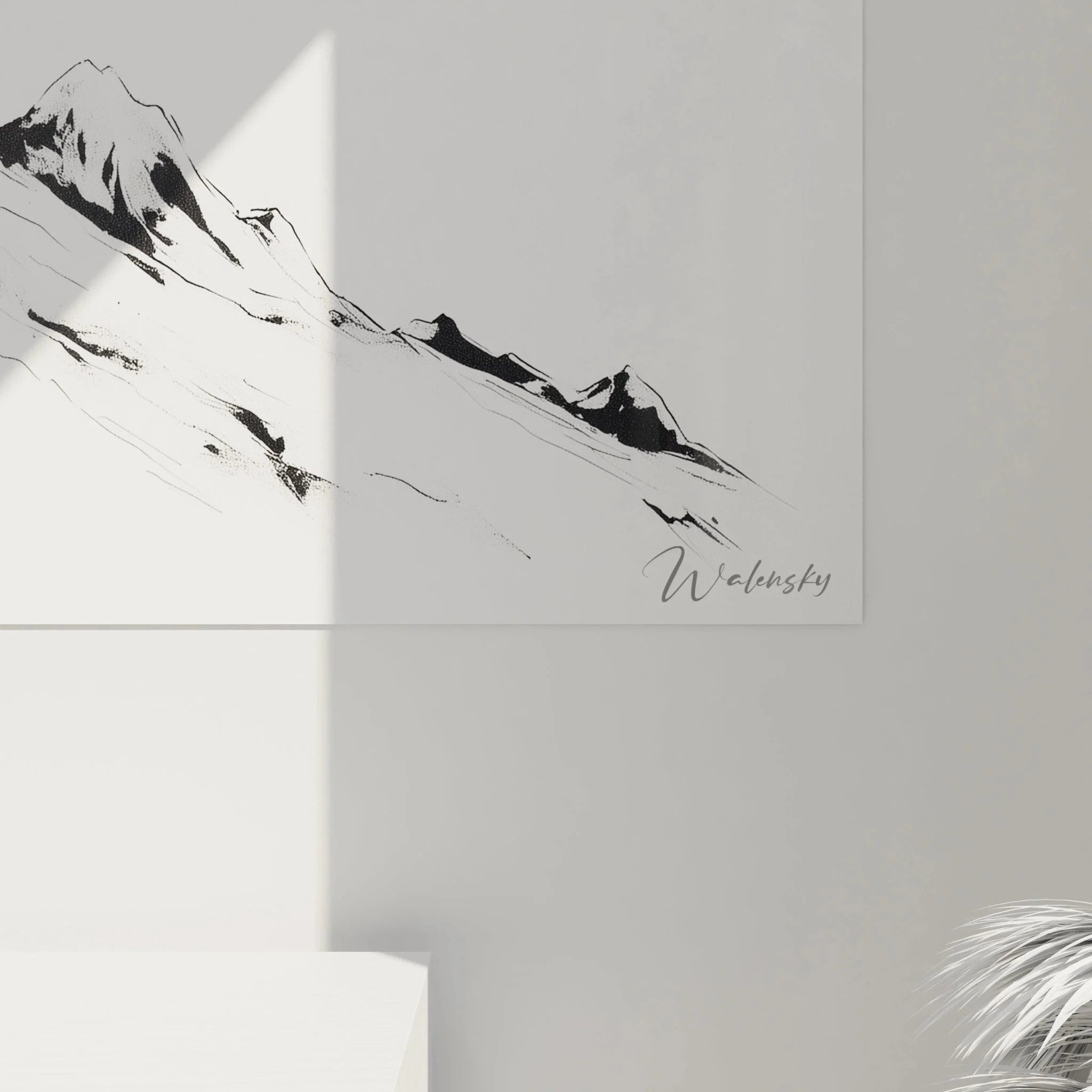 Wandbild Bergkette Gesamtansicht - moderne alpine Kunst in minimalistischer schwarz weiß Ästhetik