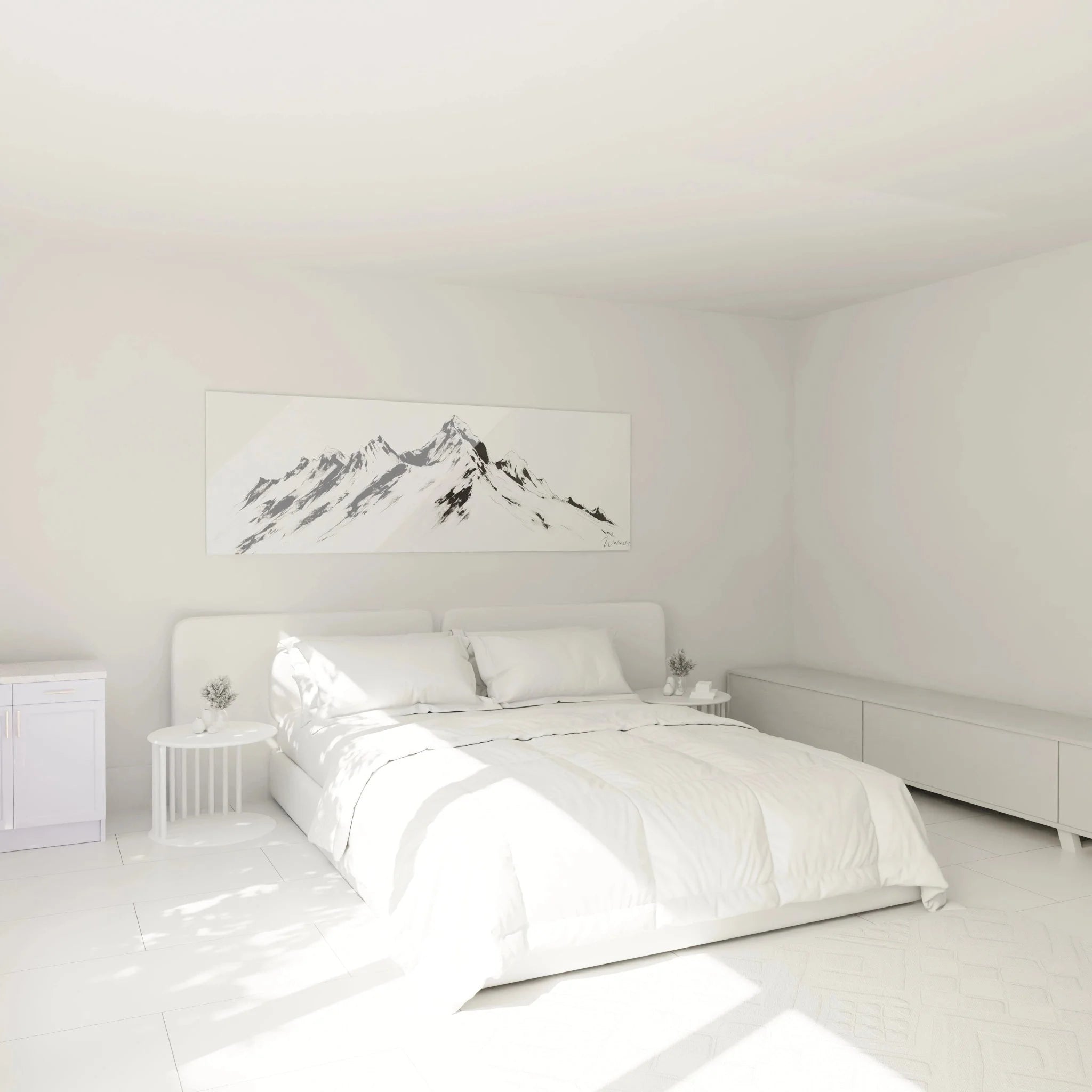 Schlafzimmer Wandbild Bergkette - alpine schwarz weiß Kunst als stilvolle Wanddekoration