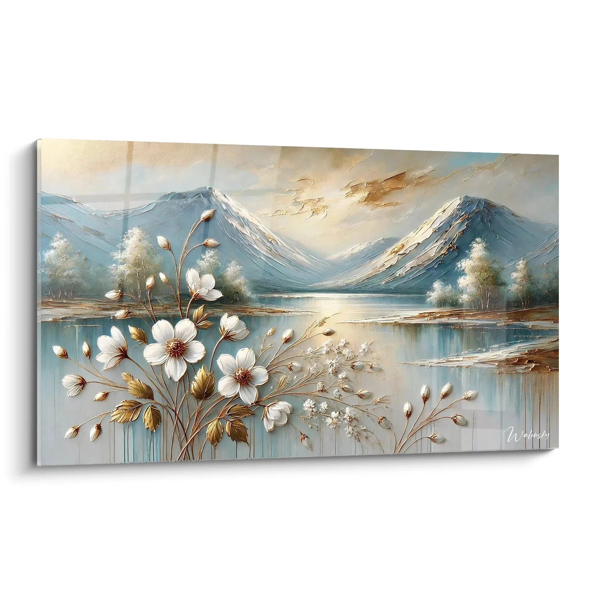 Wandbild Berglandschaft mit weißen Blüten und Alpensee, Leinwanddruck XXL Format Edition Berg