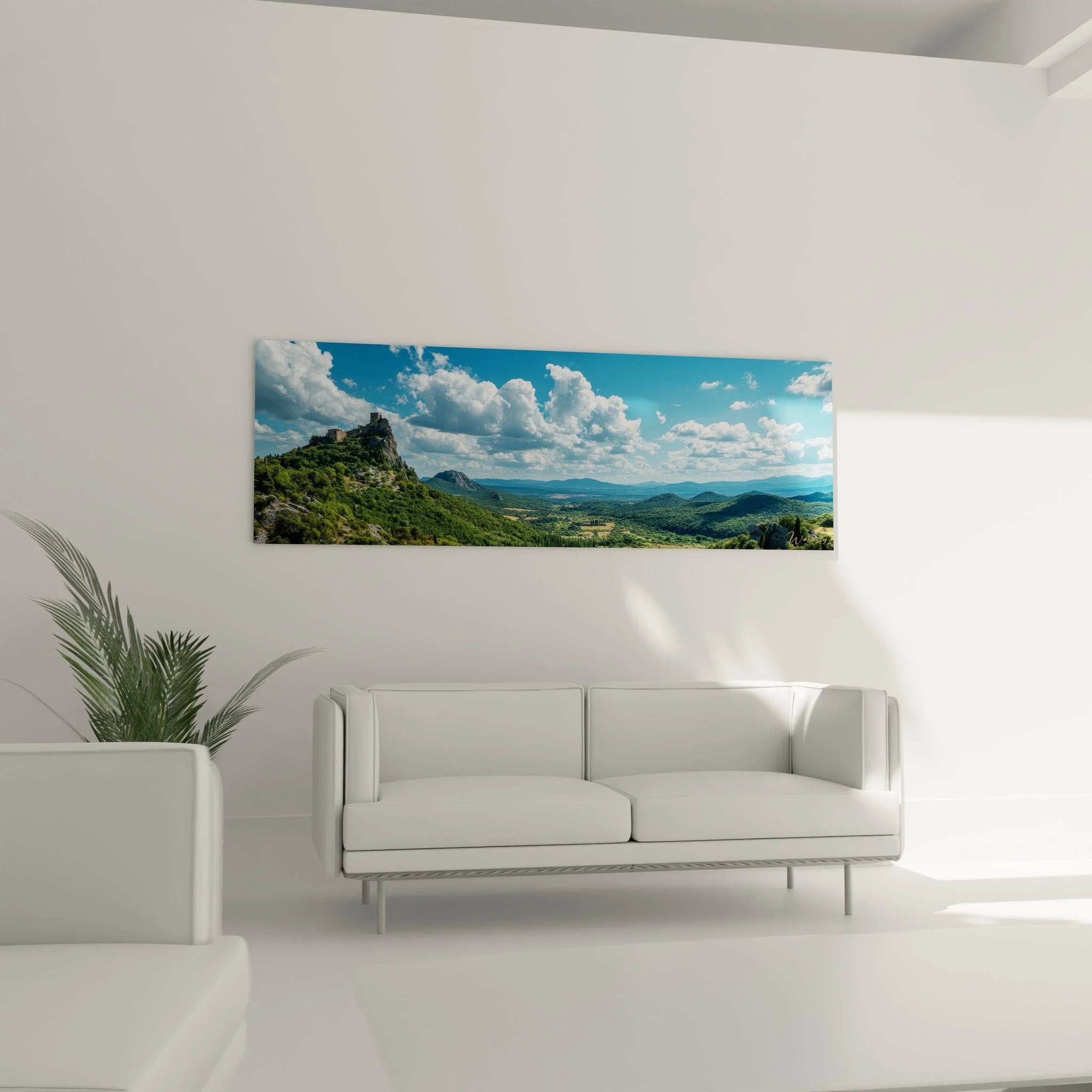 Detailansicht Wandbild Berglandschaft - mittelalterliche Burg zwischen grünen Hügeln und blauem Himmel