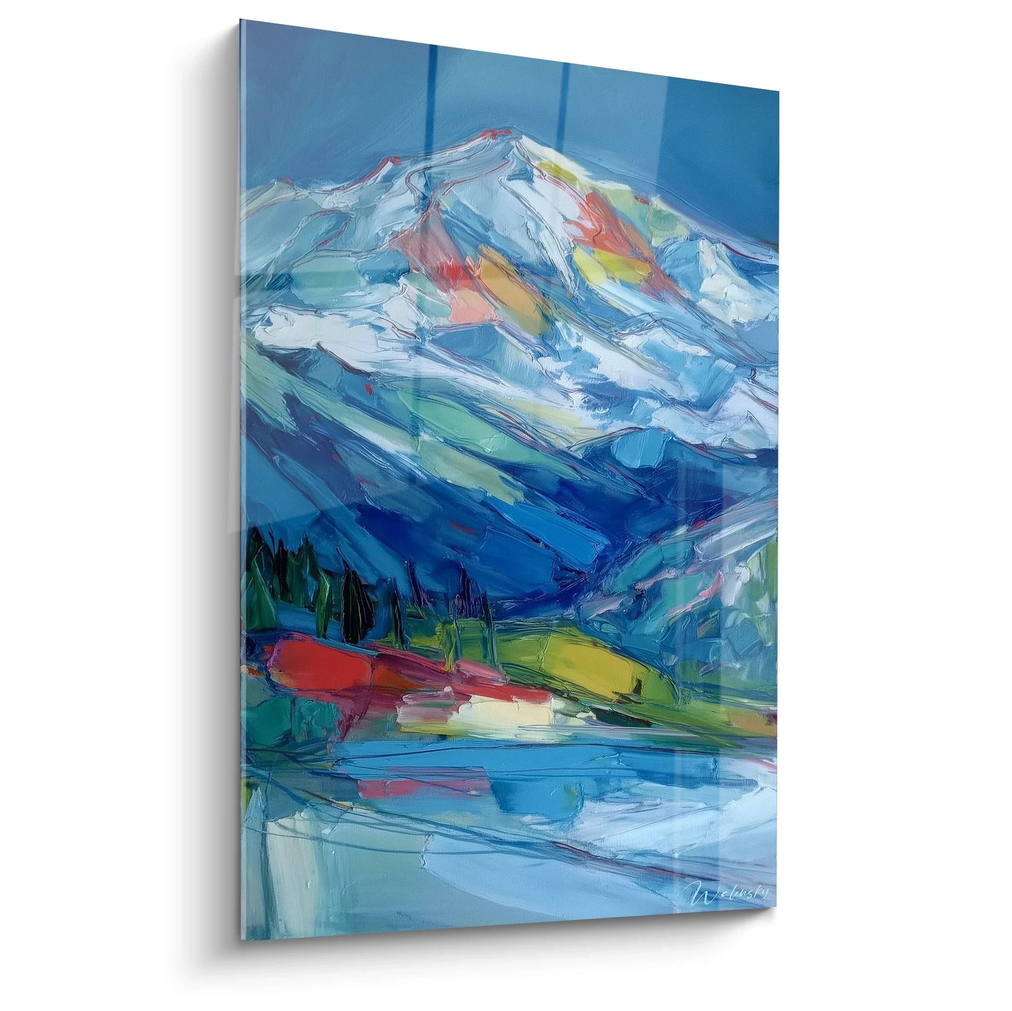 Expressionistisches Wandbild Berglandschaft mit schneebedeckten Alpengipfeln und Bergsee in leuchtenden Farben