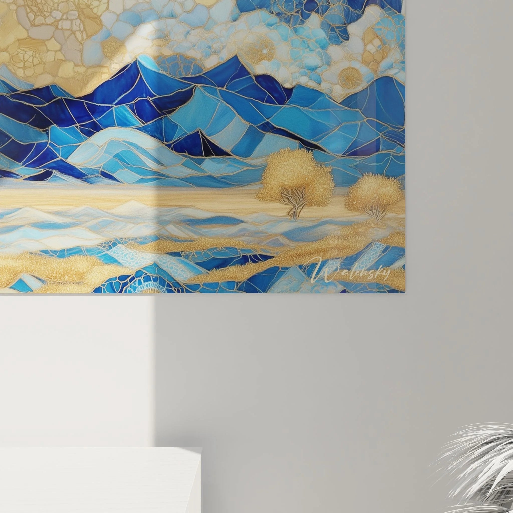 Gesamtansicht Wandbild Berglandschaft Wüste goldene Berge blaues Mosaik Panorama-Format