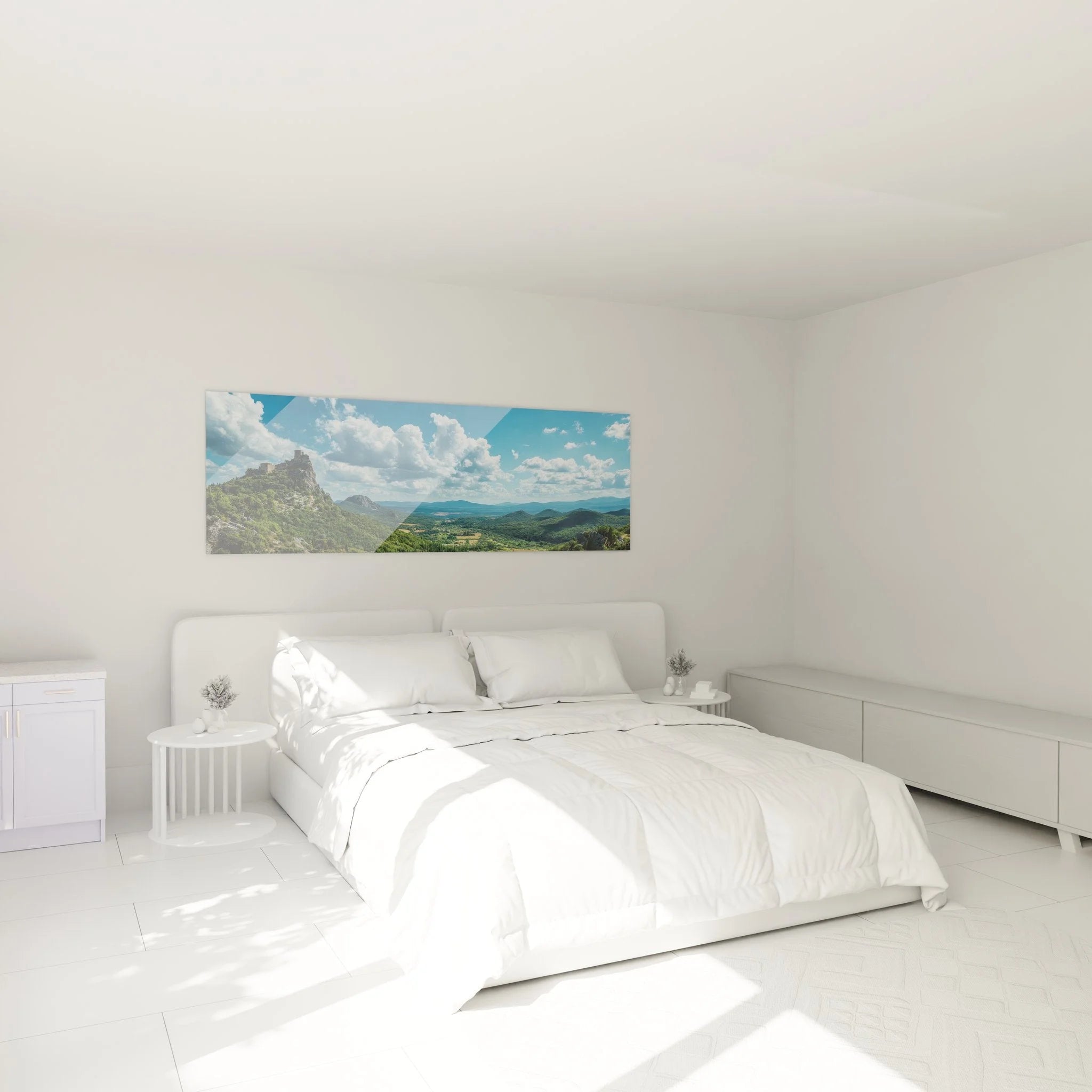 Wandbild Berglandschaft Burg im Schlafzimmer - mediterrane Landschaftsdeko für Wohnräume