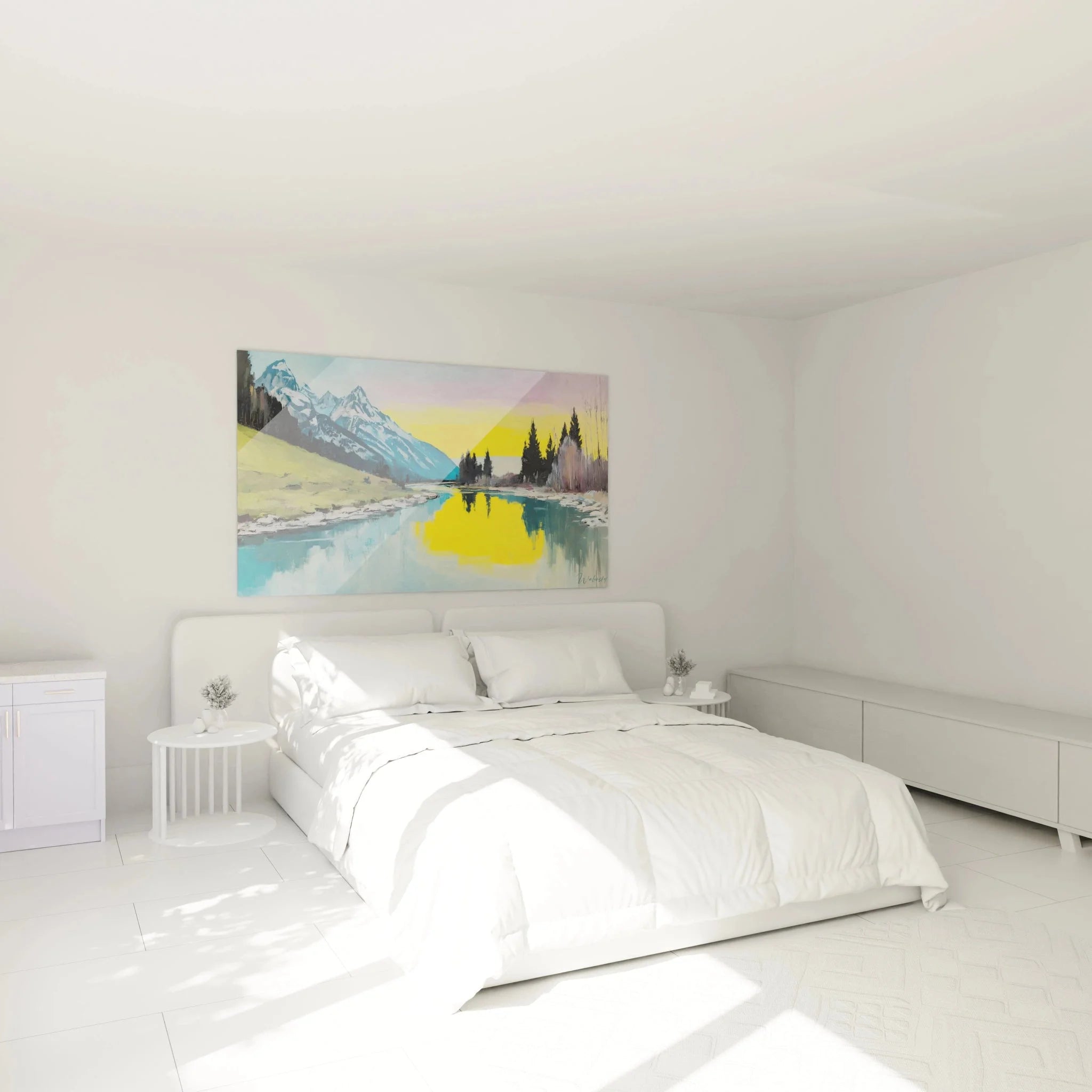 Wandbild Berglandschaft im Schlafzimmer zeigt friedlichen Sonnenuntergang am Bergsee mit warmen Farbtönen