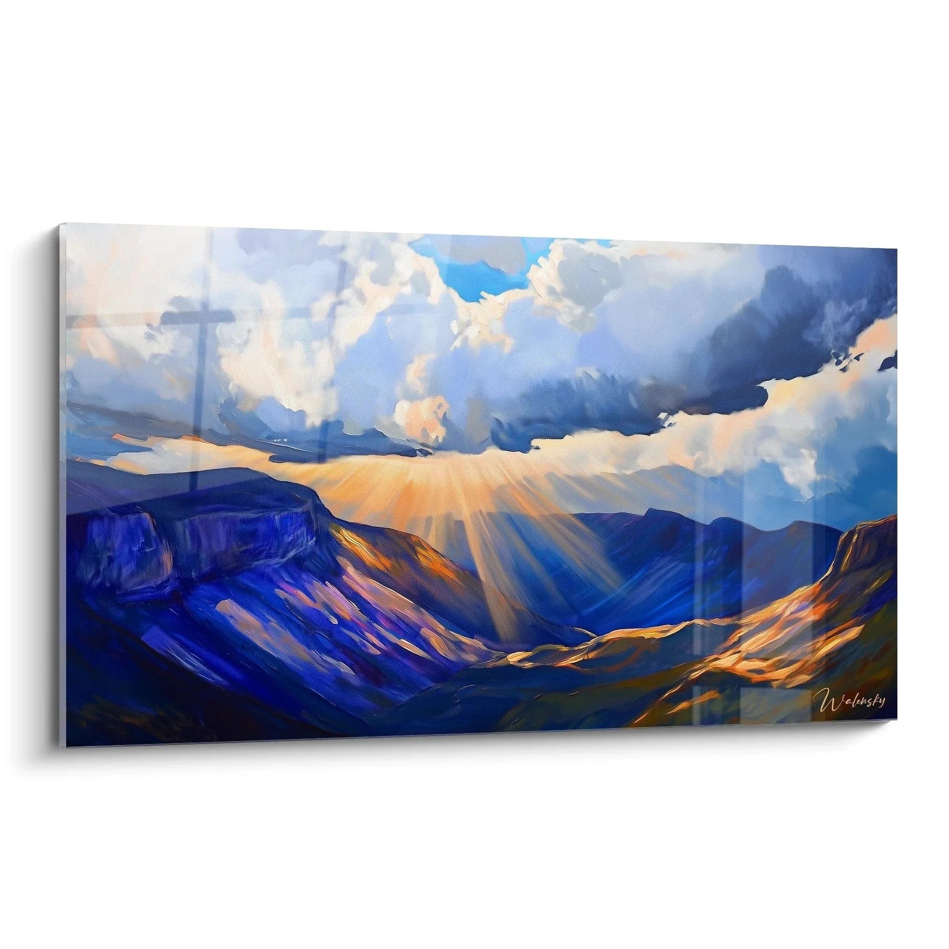 Wandbild Berglandschaft mit dramatischen Sonnenstrahlen durch Wolken - Edition Berg Kunstdruck