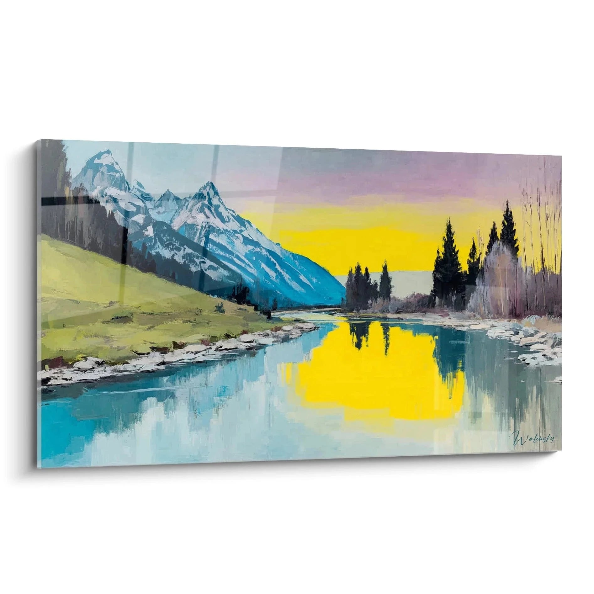Wandbild Berglandschaft Sonnenuntergang am Gebirgssee mit goldenen Reflexionen im impressionistischen Stil