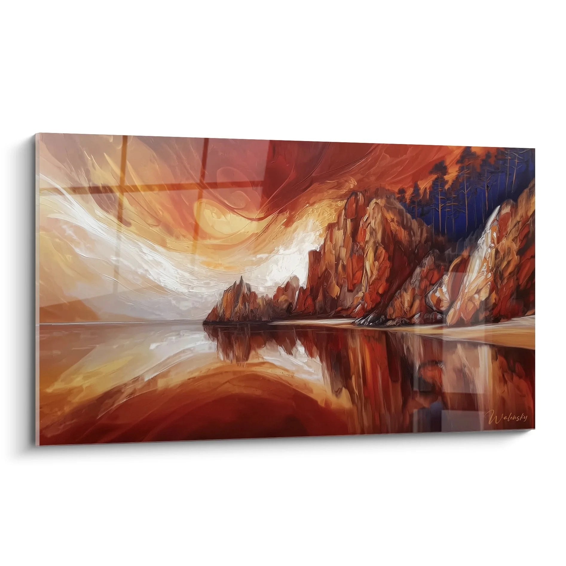 Wandbild Berglandschaft mit dramatischem Sonnenuntergang und Felsklippen am spiegelnden See
