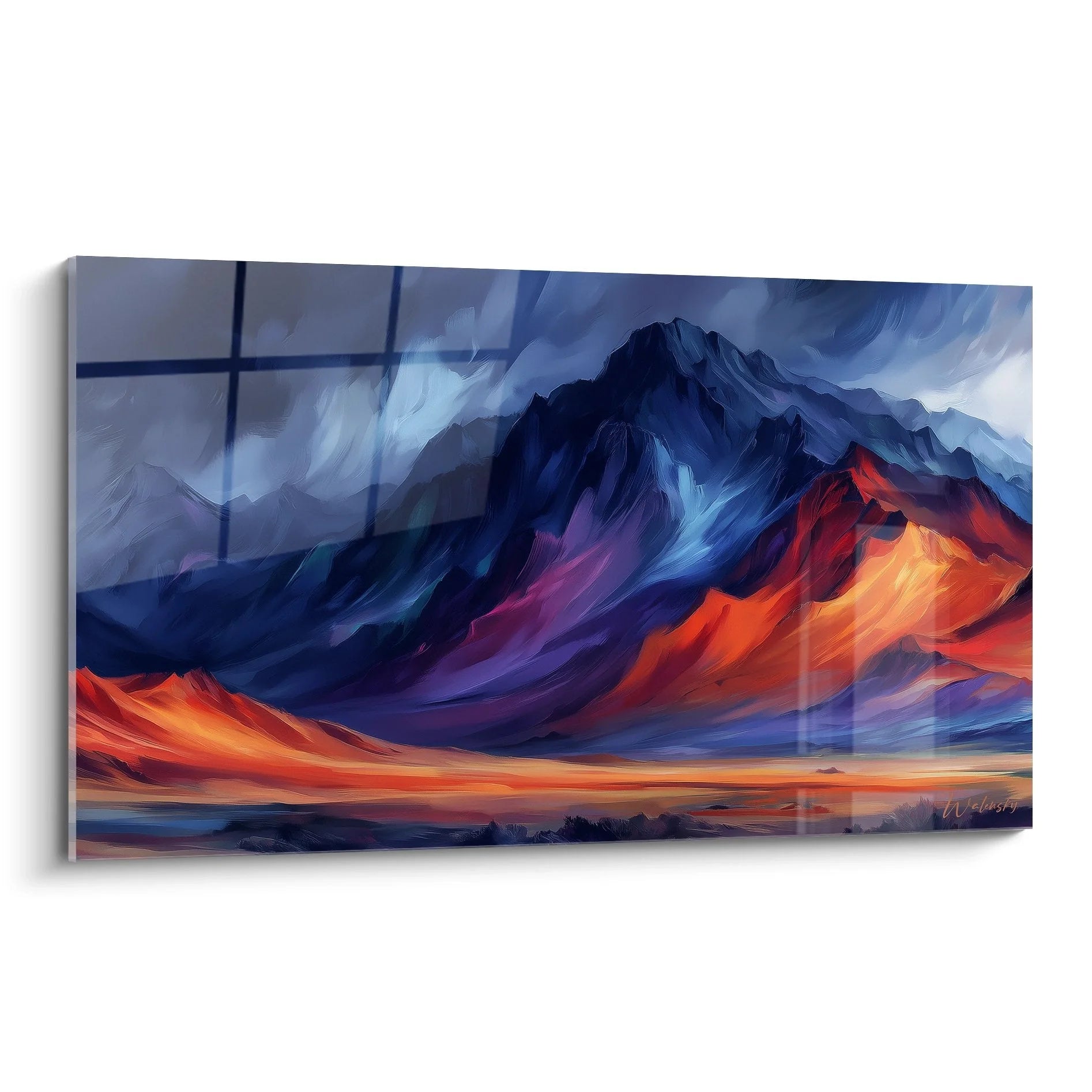 Wandbild Berglandschaft mit dramatischem Sonnenuntergang in Blau-Orange Tönen - Edition Wüste
