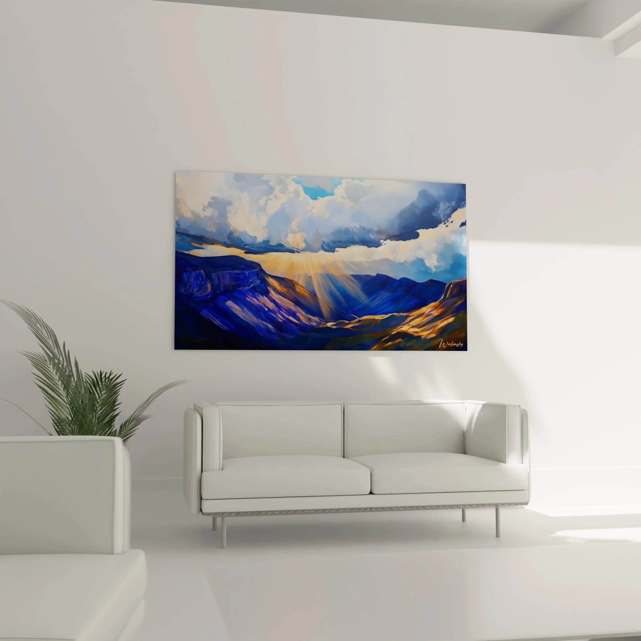 Detailansicht Wandbild Bergpanorama - Sonnenstrahlen und Wolkenformation über Gebirgskämmen