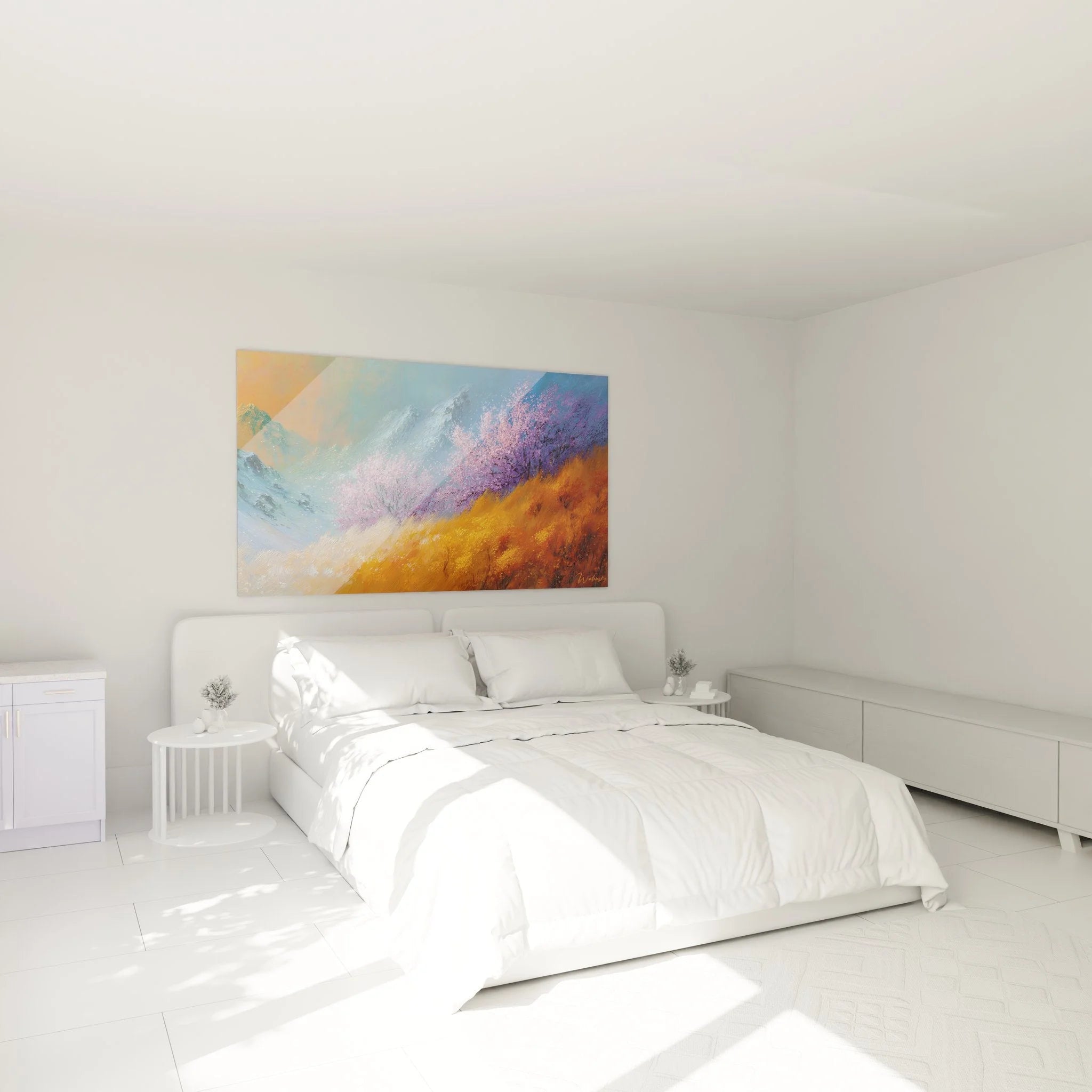 Modernes Wandbild Bergpanorama mit Kirschblüten als Schlafzimmer Wanddekoration