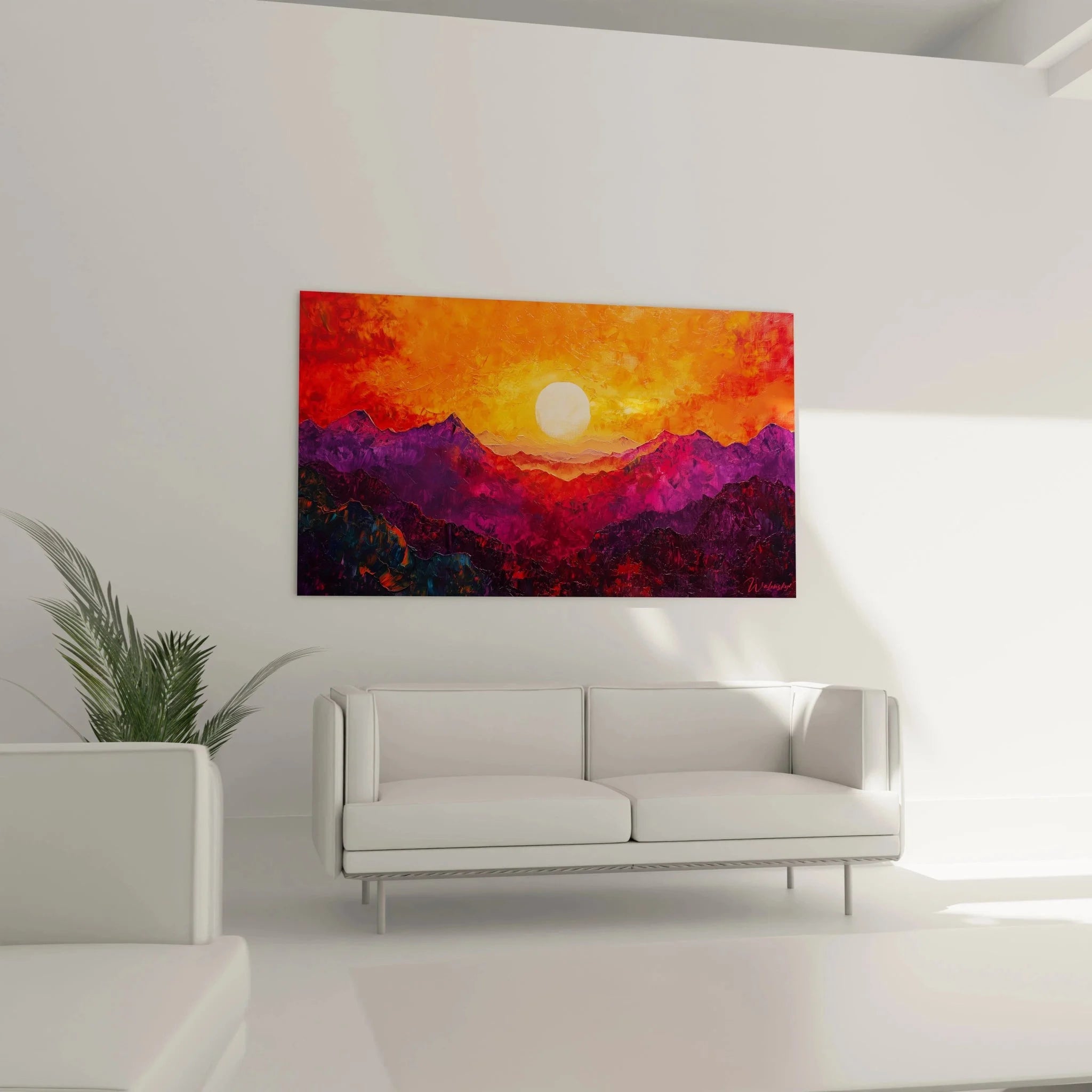 Detailansicht Wandbild Berge Sonnenuntergang mit texturierter Oberfläche und leuchtenden Farben