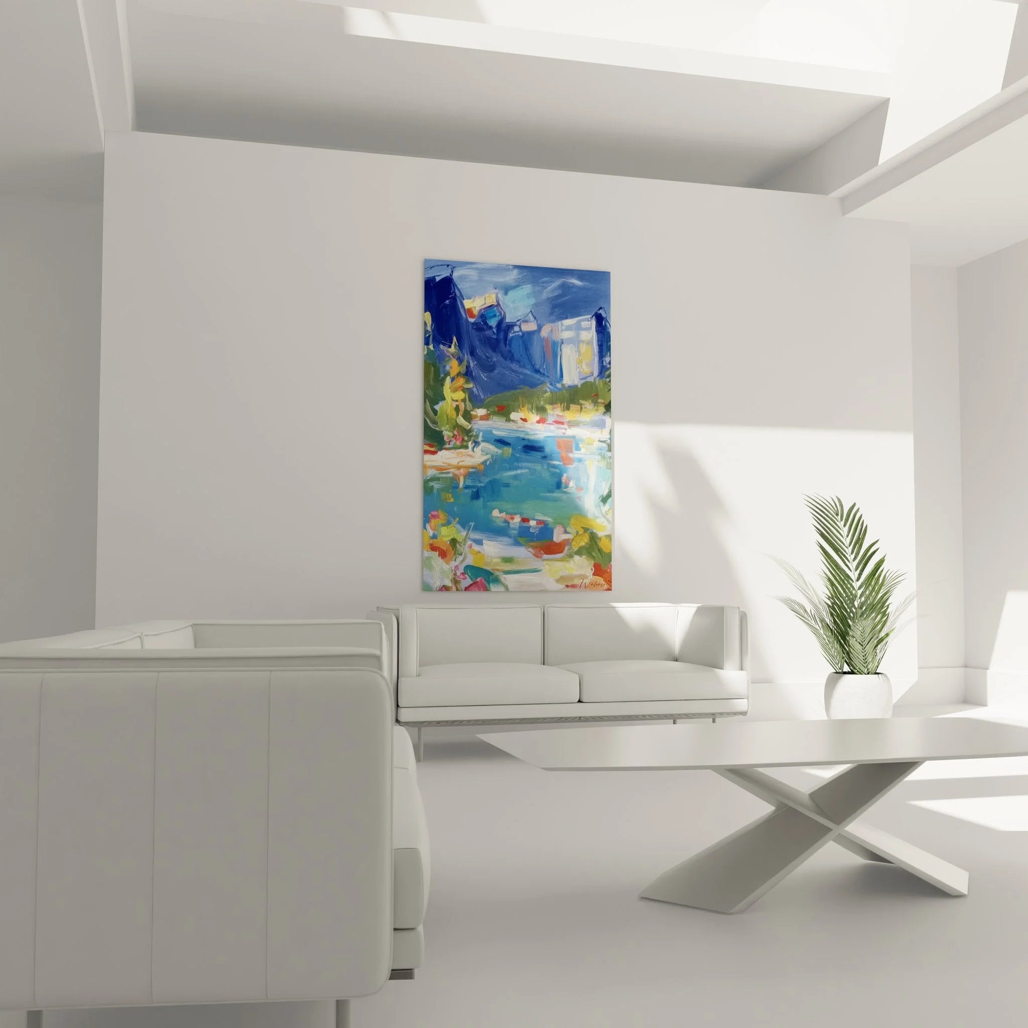 Detailansicht Wandbild Bergsee mit impressionistischen Pinselstrichen und Farbreflexionen