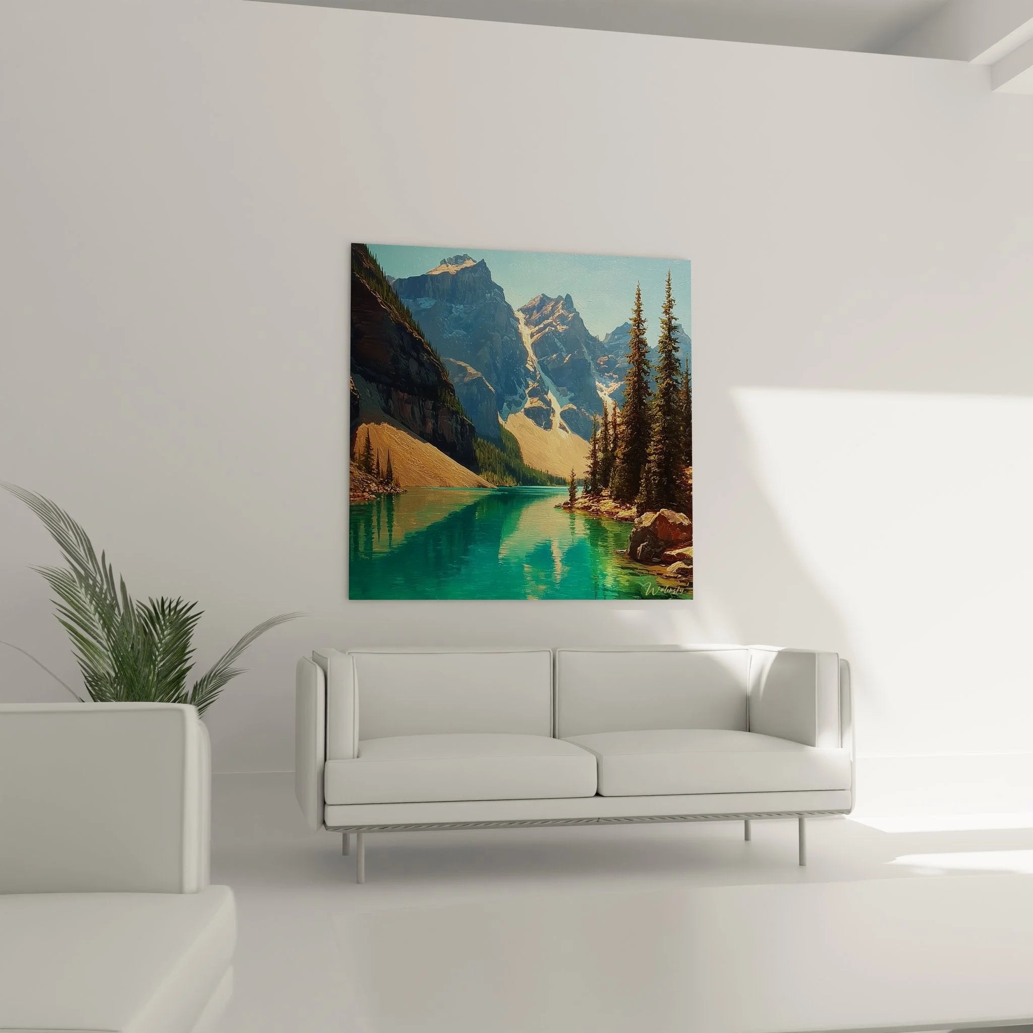 Detailaufnahme Wandbild Bergsee - Türkises Wasser und majestätische Berggipfel Nahansicht