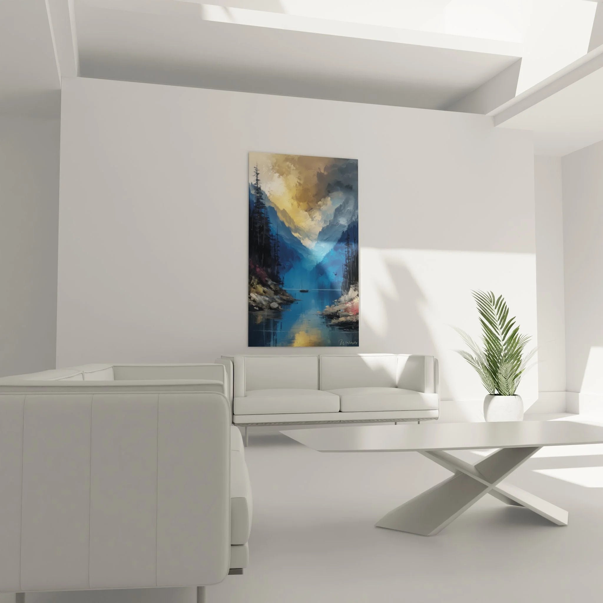 Detailansicht Wandbild Bergsee - mystische Wolkenformationen und Lichtspiegelungen im Fjord