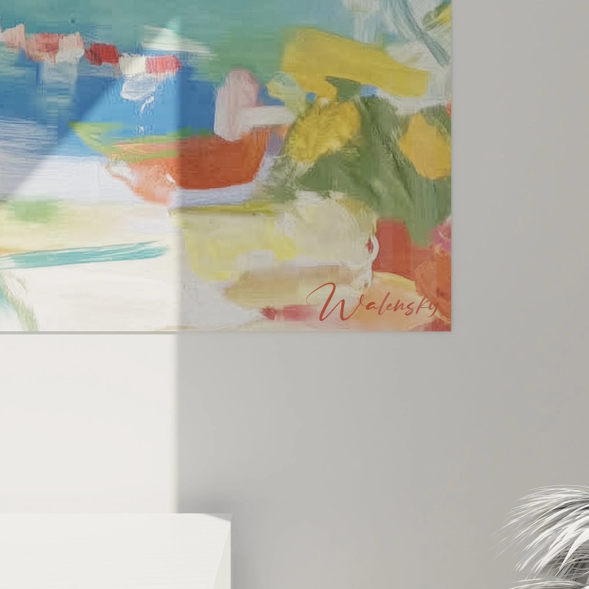 Gesamtansicht Wandbild Bergsee impressionistisch - alpine Berglandschaft in Blau- und Grüntönen