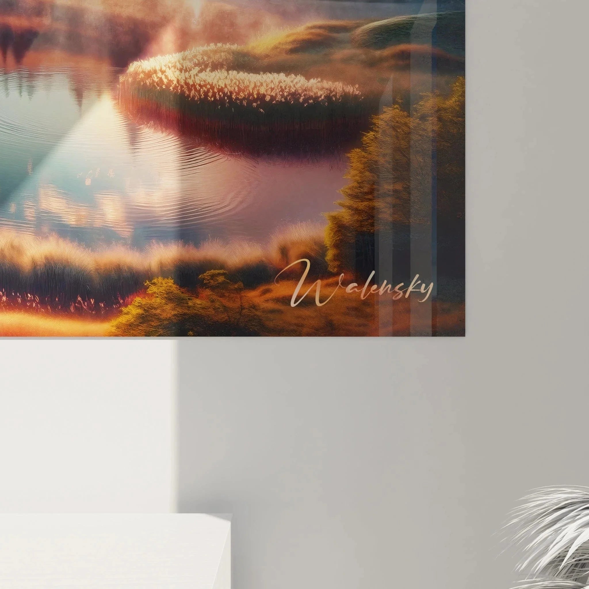 Gesamtansicht Wandbild mystische Berglandschaft mit See, Nebel und dramatischem Himmel im Abendlicht