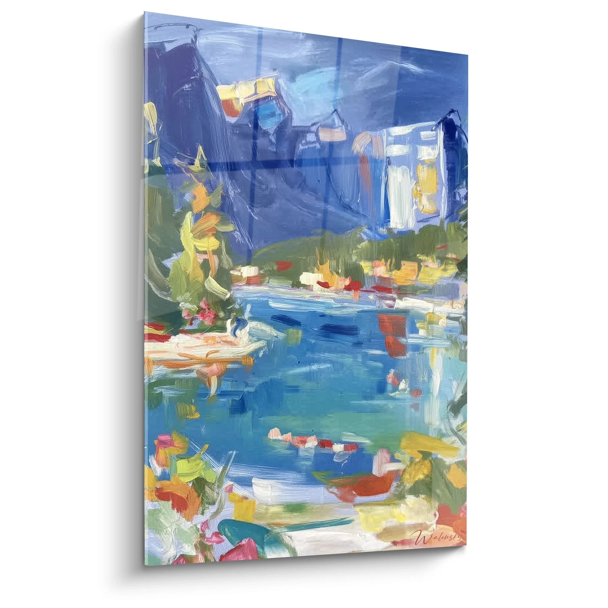 Wandbild Bergsee impressionistisch mit blauen Bergen und kristallklarem See in moderner Malweise