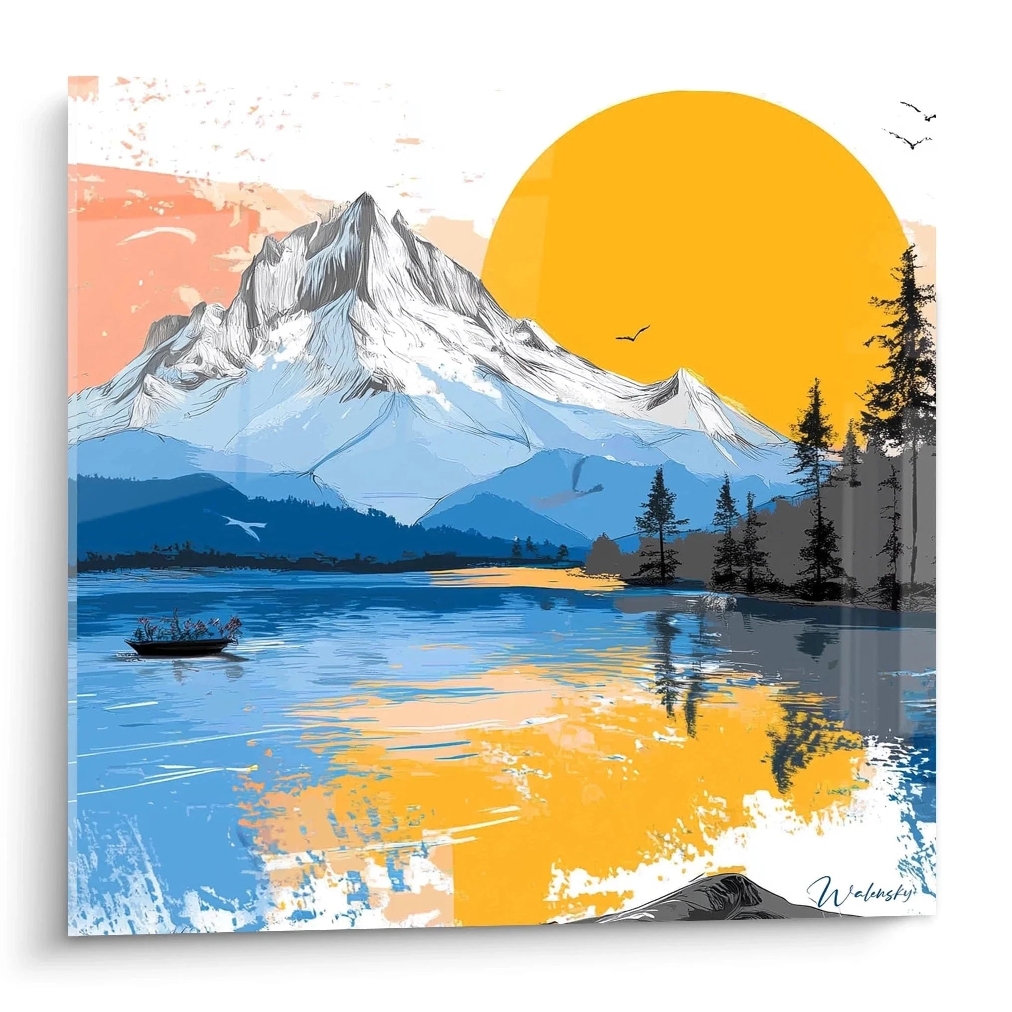 Wandbild Bergsee mit goldenem Sonnenuntergang und Bergspiegelung im Wasser - Edition Sommer