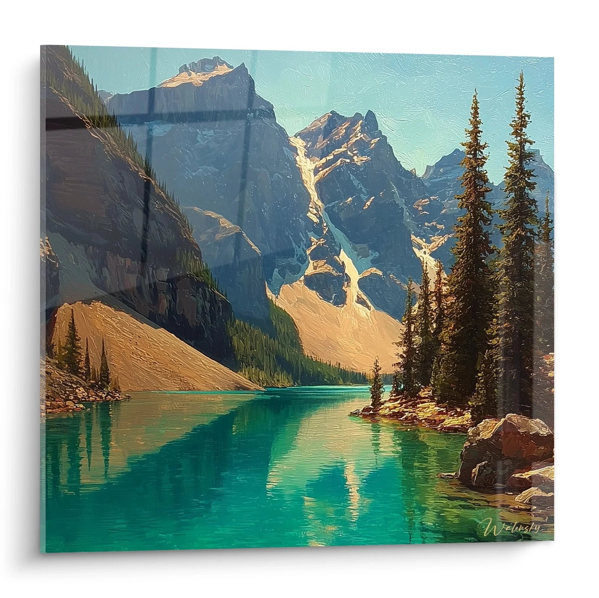 Wandbild Bergsee türkis mit schneebedeckten Alpen und Nadelwäldern - Premium Kunstdruck