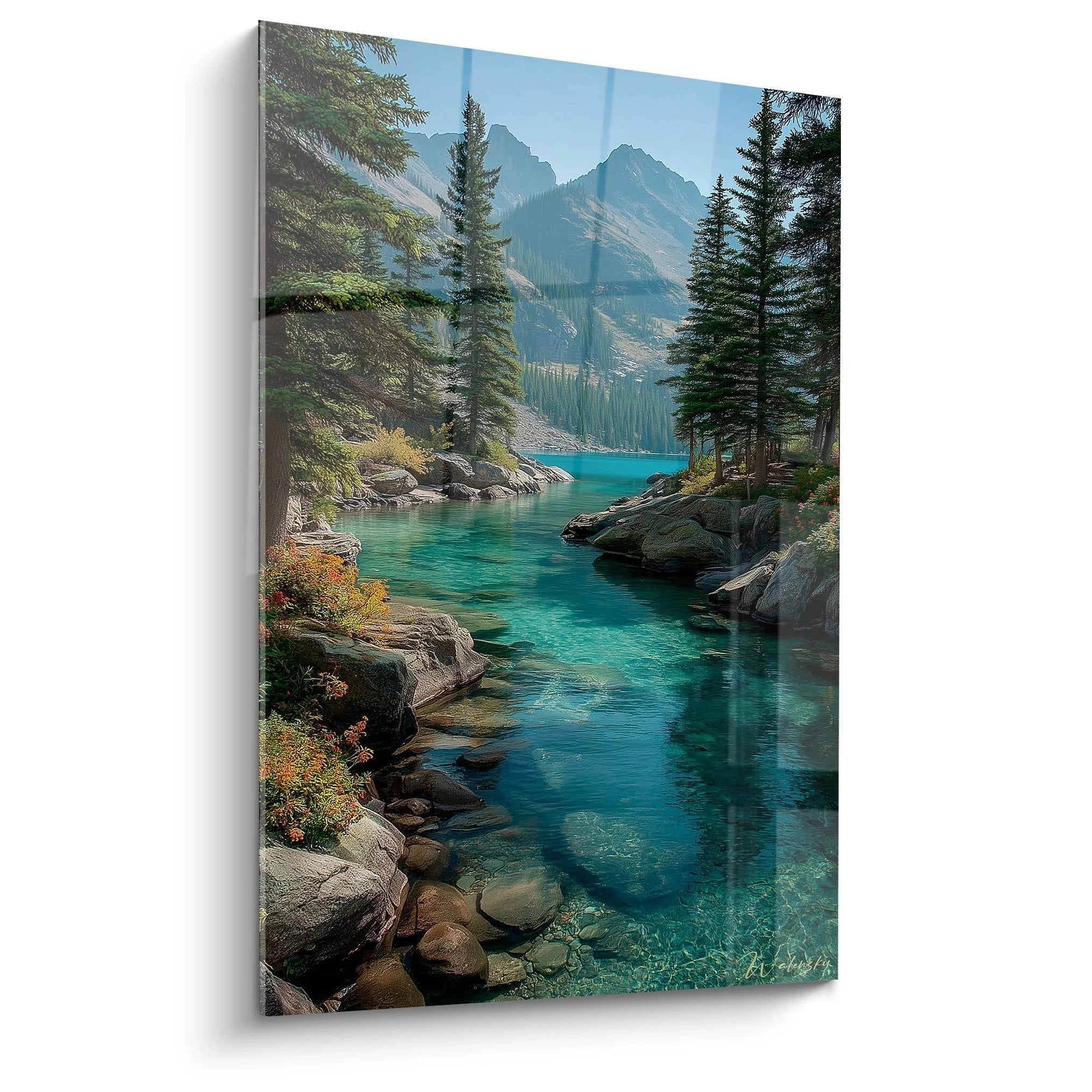 Wandbild Bergsee mit türkisem Wasser und Alpenpanorama, kristallklarer Bergsee umgeben von Nadelbäumen