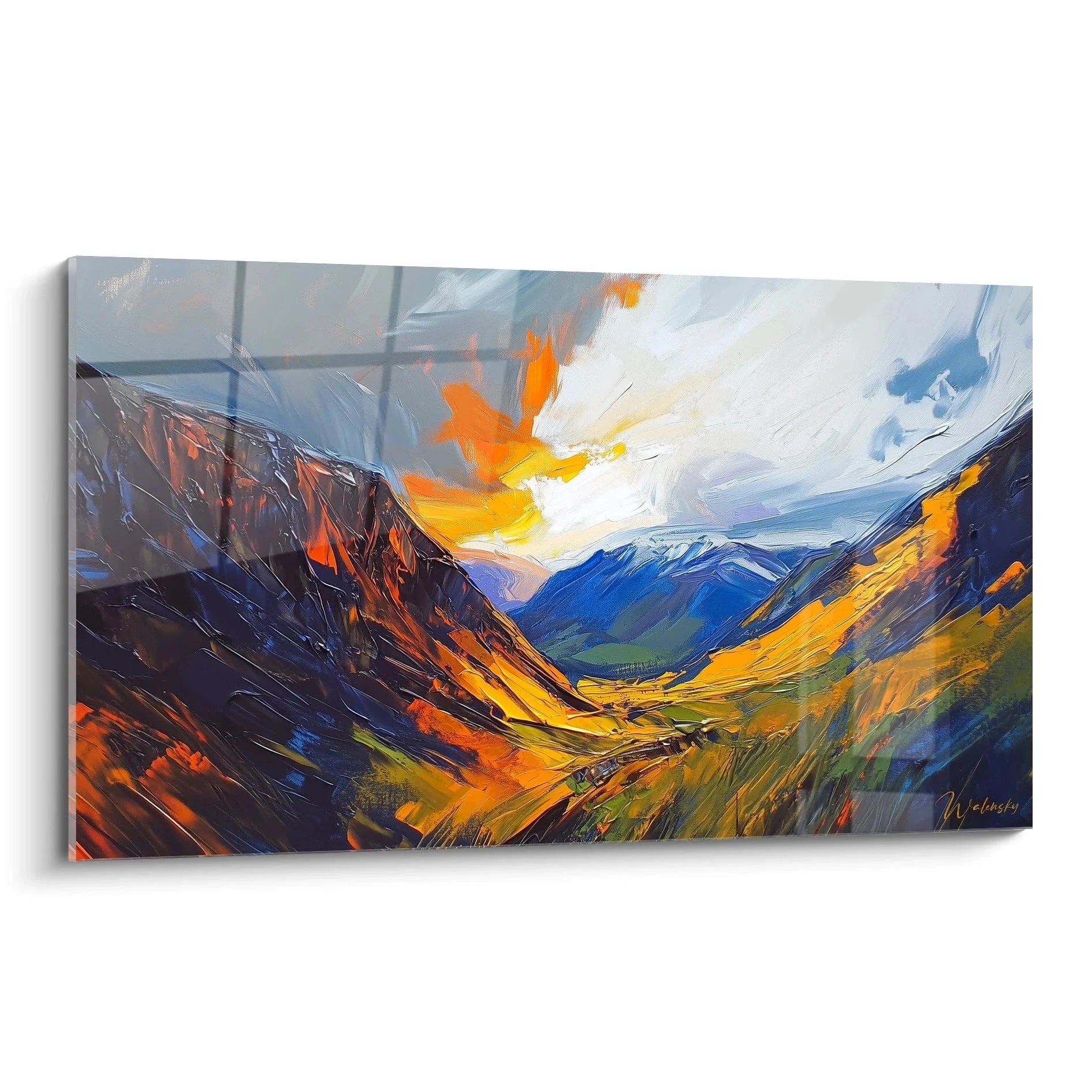 Wandbild Bergtal Sonnenaufgang expressionistisch gemalt mit dramatischen Farben Alpenpanorama Edition Berg