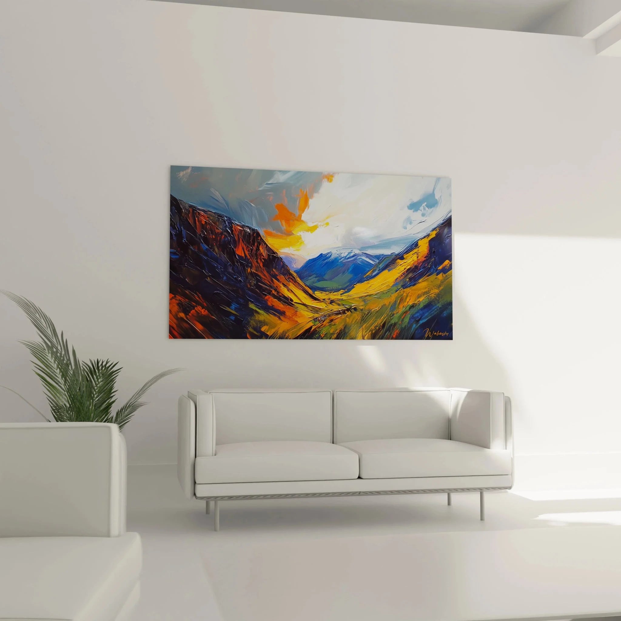 Detailansicht Wandbild Bergtal expressionistische Malweise Sonnenaufgang Pinselstriche Alpenpanorama