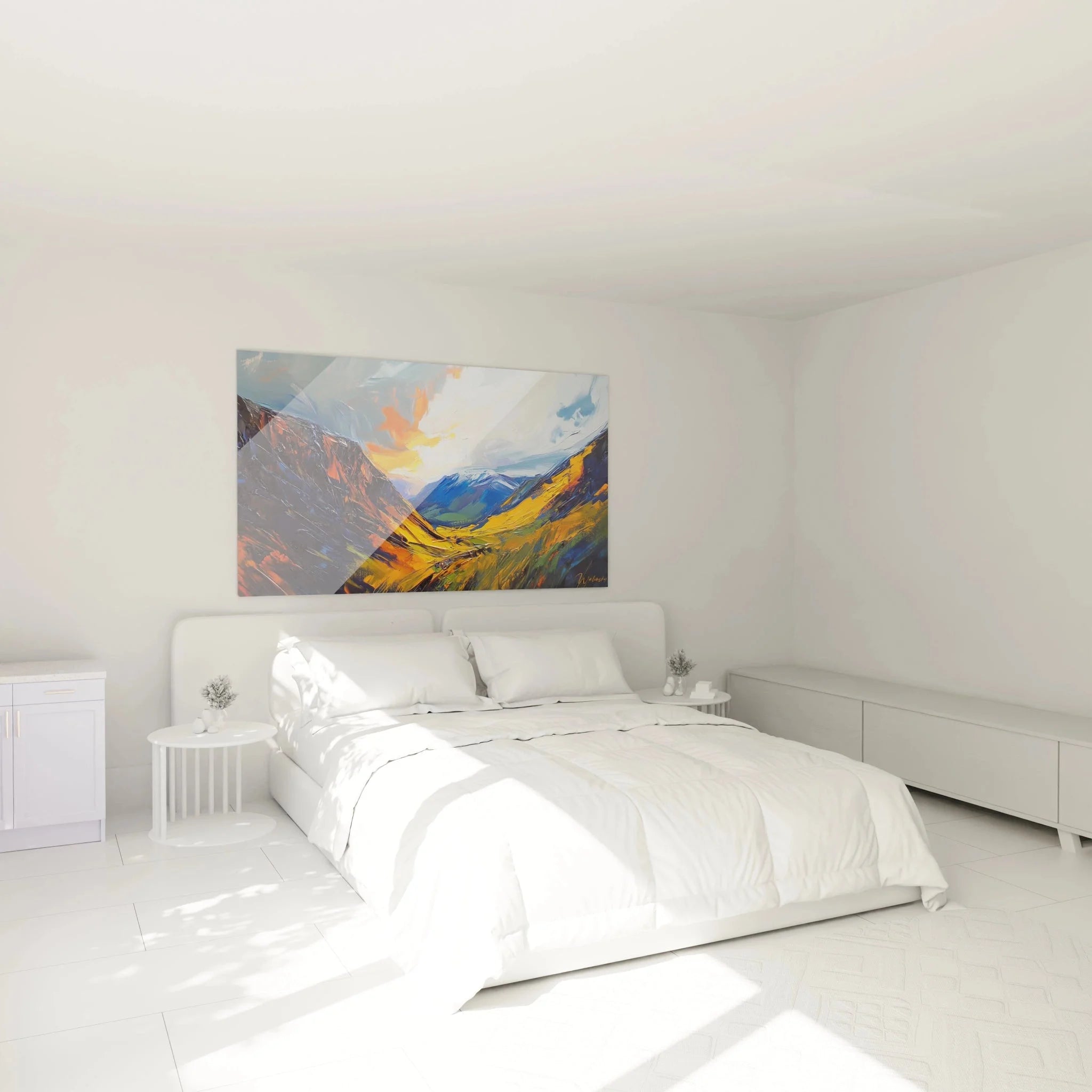 Wandbild Bergtal Sonnenaufgang in modernem Schlafzimmer Alpenpanorama Wanddekoration Berg Edition
