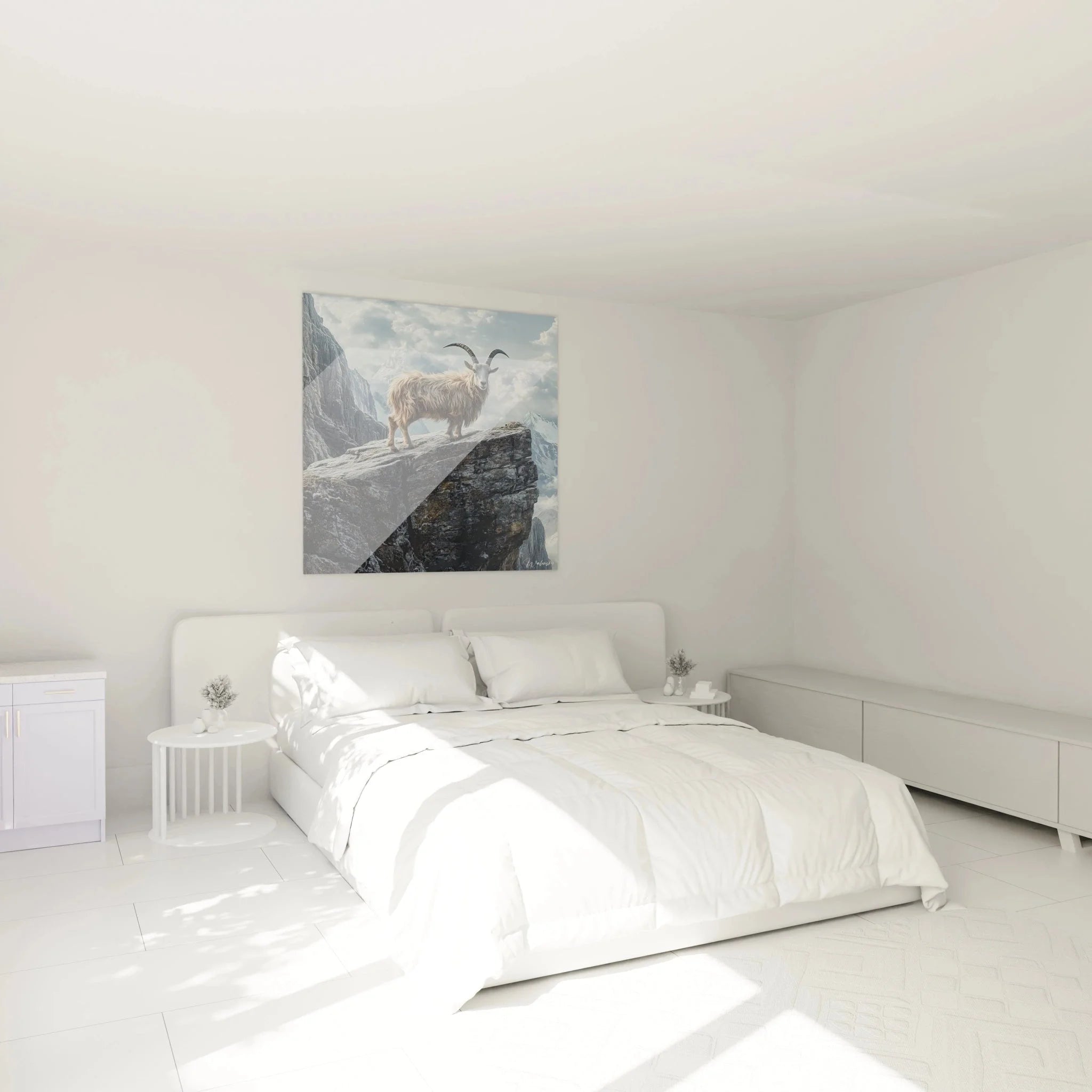Wandbild Bergziege im Schlafzimmer - alpine Wanddekoration mit Bergmotiv für gemütliche Atmosphäre