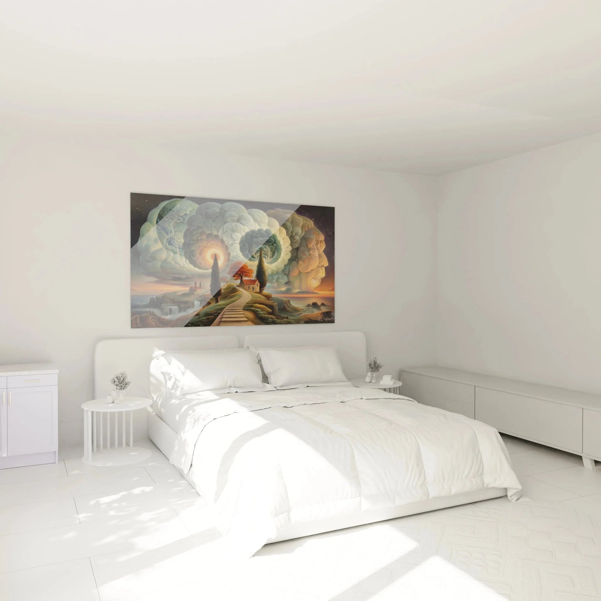 Wandbild Bewusstsein Surrealismus in modernem Schlafzimmer über Bett mit stimmungsvoller Beleuchtung