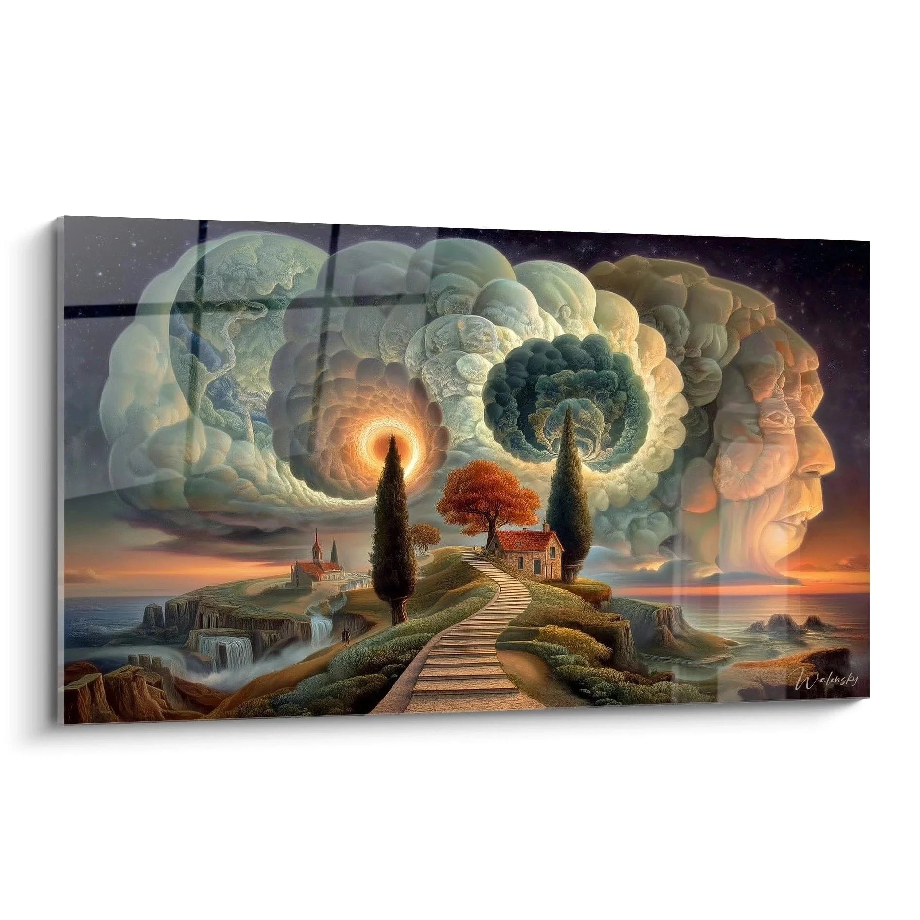 Surreales Wandbild mit Gehirn-Wolken über Traumlandschaft, Portal und Holzpfad in warmen Erdtönen