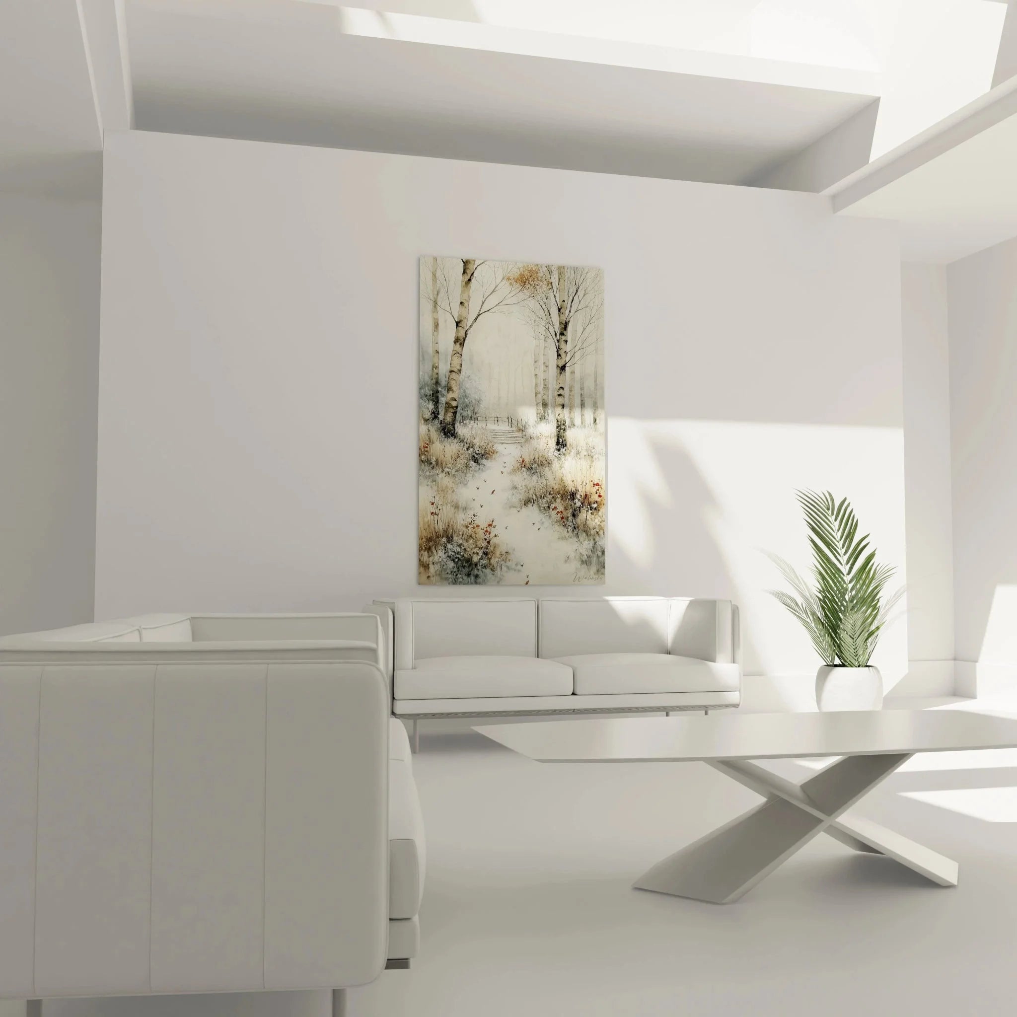 Detailansicht Wandbild Birkenwald - realistische Darstellung von Birkenrinde und Schneeflocken