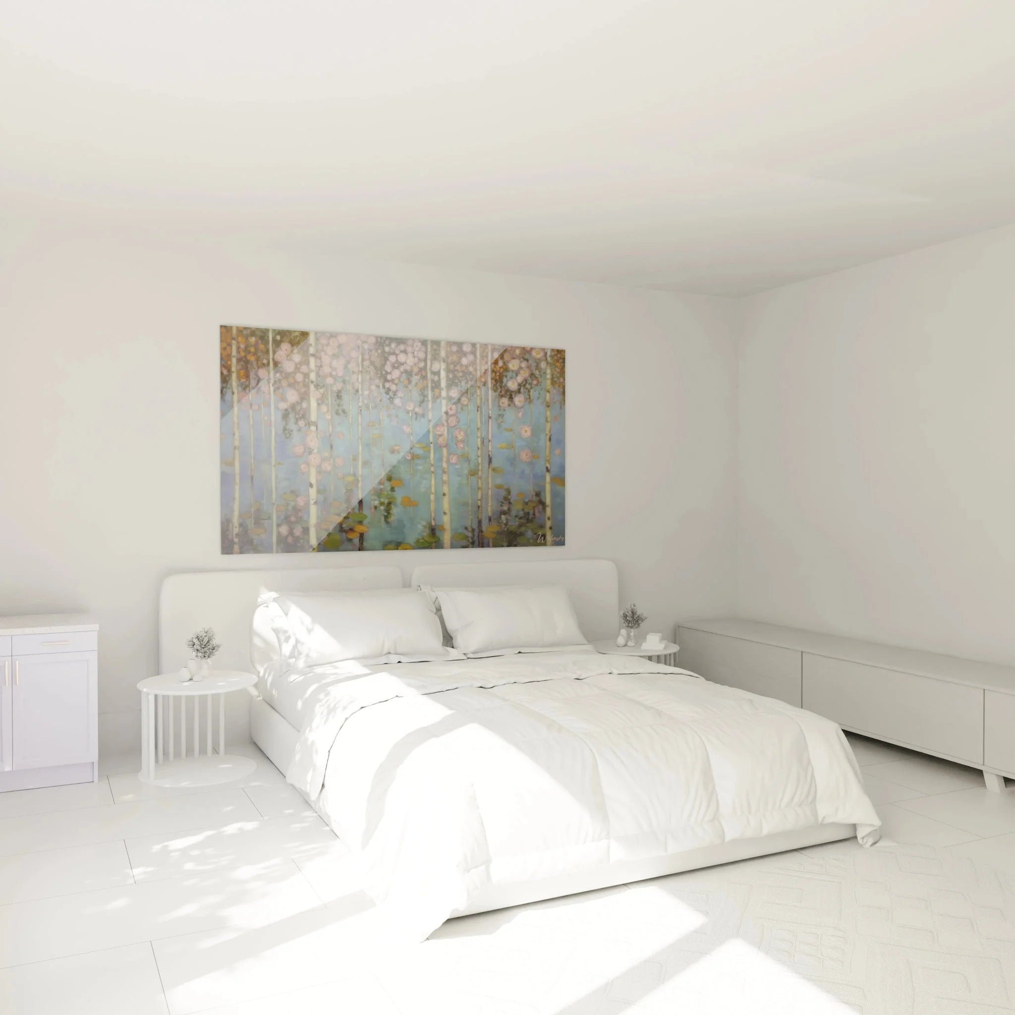 Symbolistisches Wandbild Birkenwald rosa Blüten in modernem Schlafzimmer als Wanddekoration