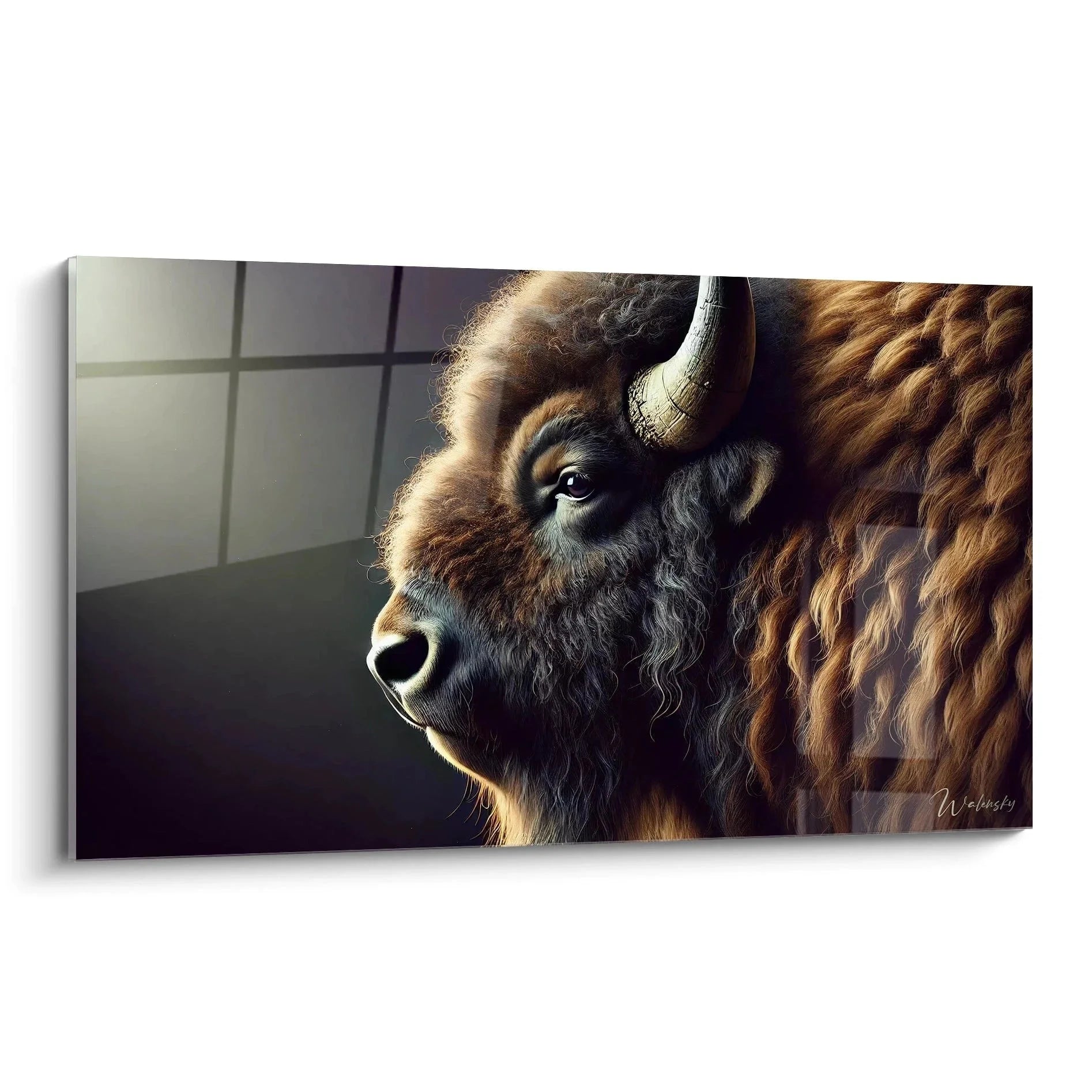 Wandbild Bison Portrait - Majestätisches Seitenportrait eines amerikanischen Bisons mit braunem Winterfell