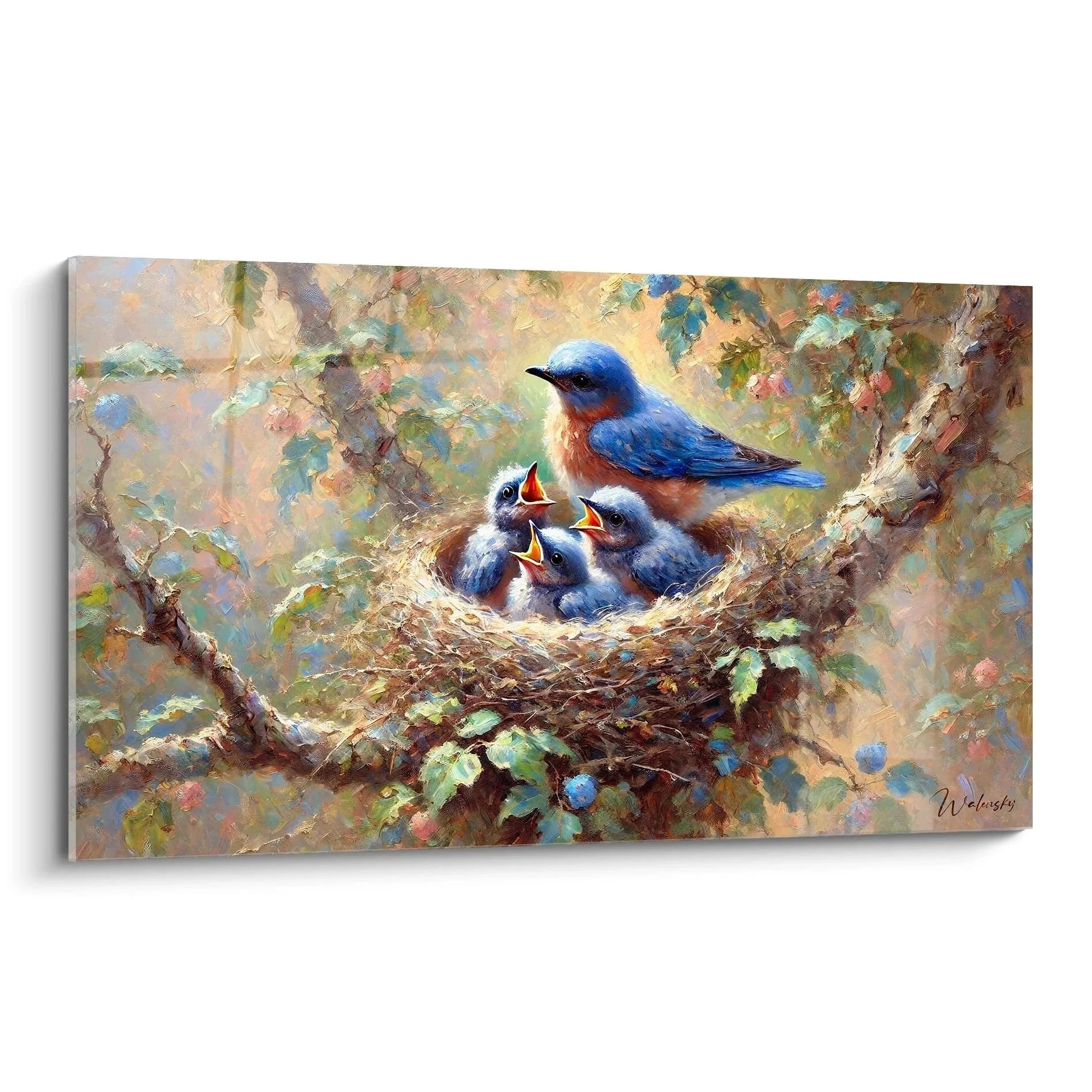 Wandbild Blaukehlchen mit drei Küken im Nest, Premium Vogel Wandkunst Edition Vogel